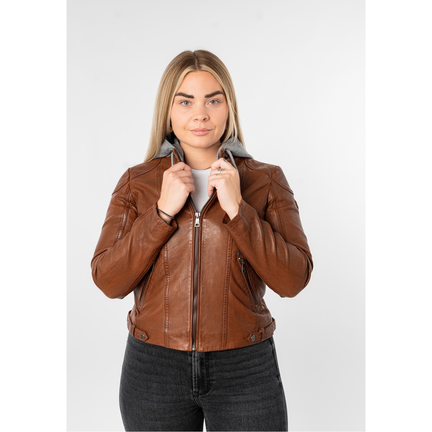 Geacă de piele damă Mauritius MWAmmy coniac cu glugă detașabilă din piele naturală