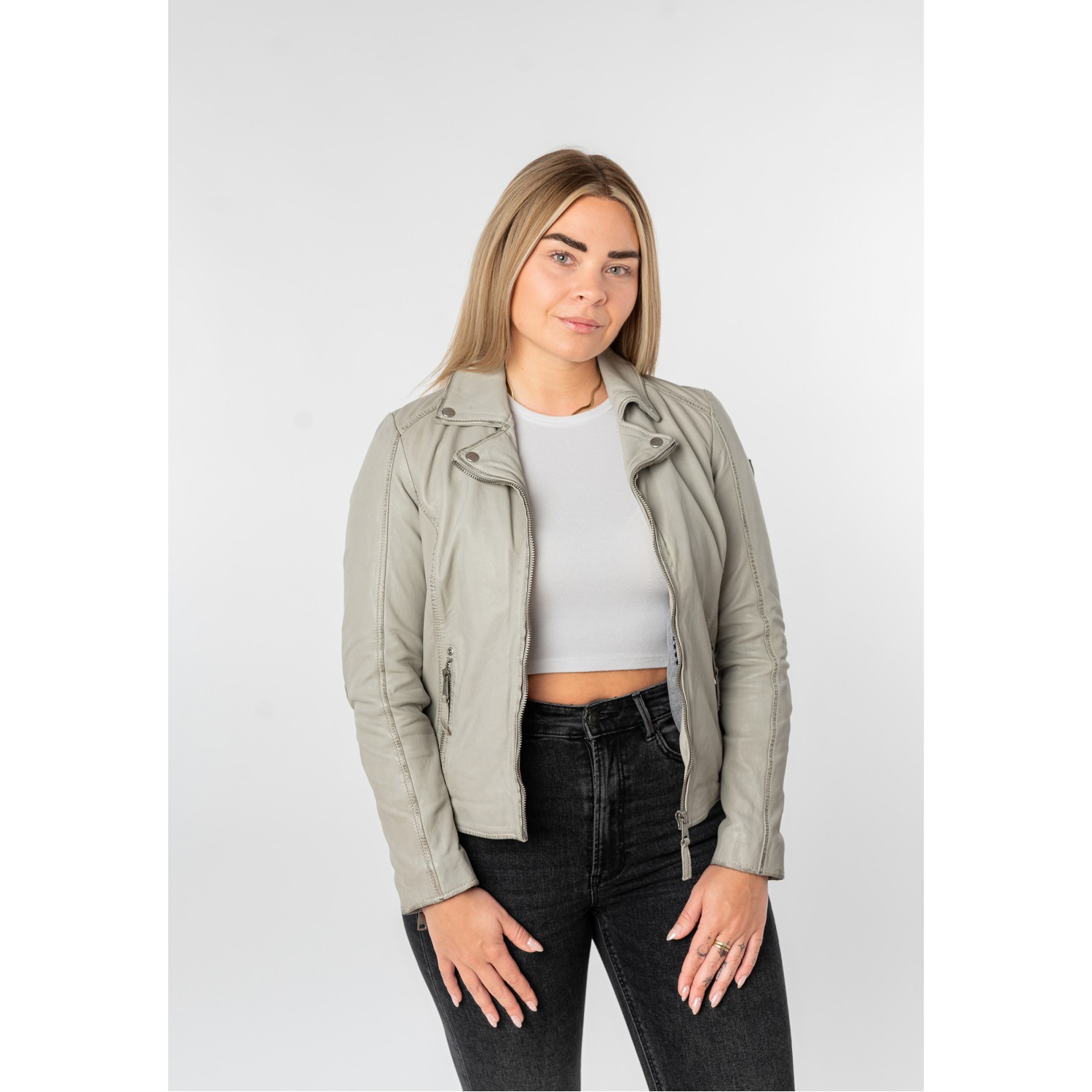 Geacă de Piele Damă Mauritius Gri MWBajah cu Guler Biker și Fermoare Decorative
