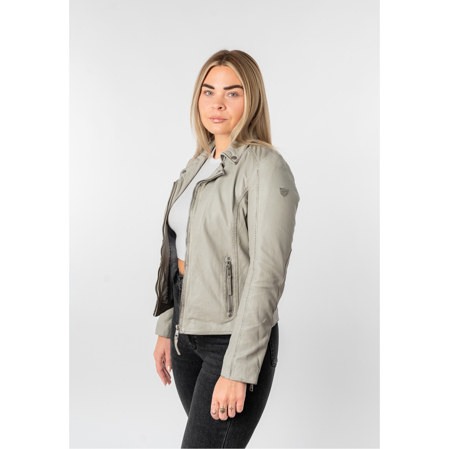 Geacă de Piele Damă Mauritius Gri MWBajah cu Guler Biker și Fermoare Decorative