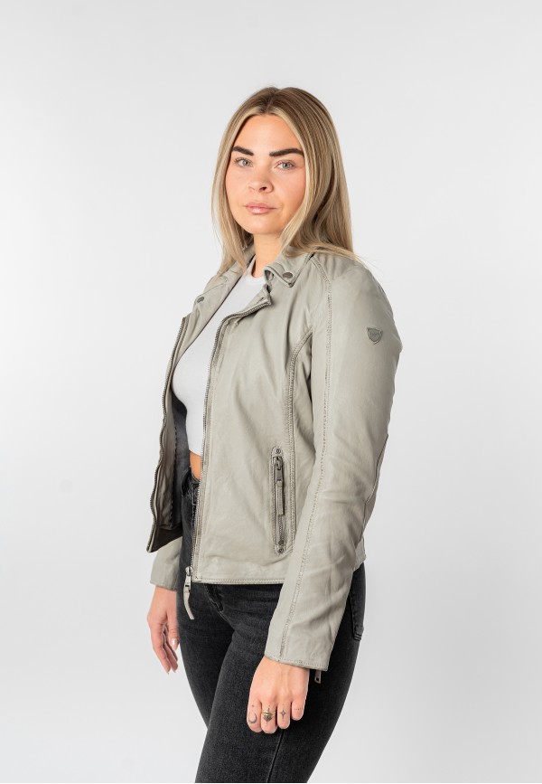 Geacă de Piele Damă Mauritius Gri MWBajah cu Guler Biker și Fermoare Decorative — fotografia 4