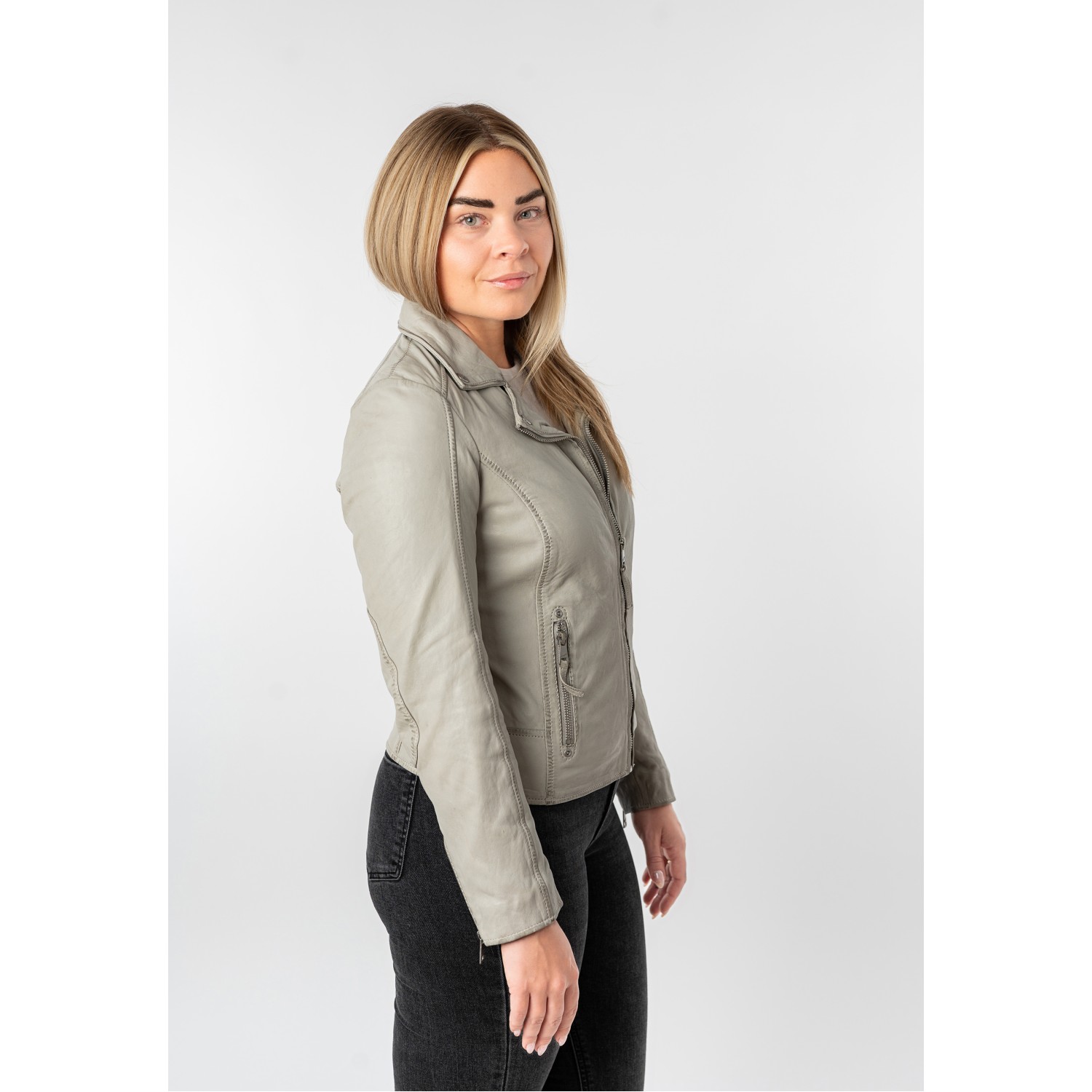 Geacă de Piele Damă Mauritius Gri MWBajah cu Guler Biker și Fermoare Decorative