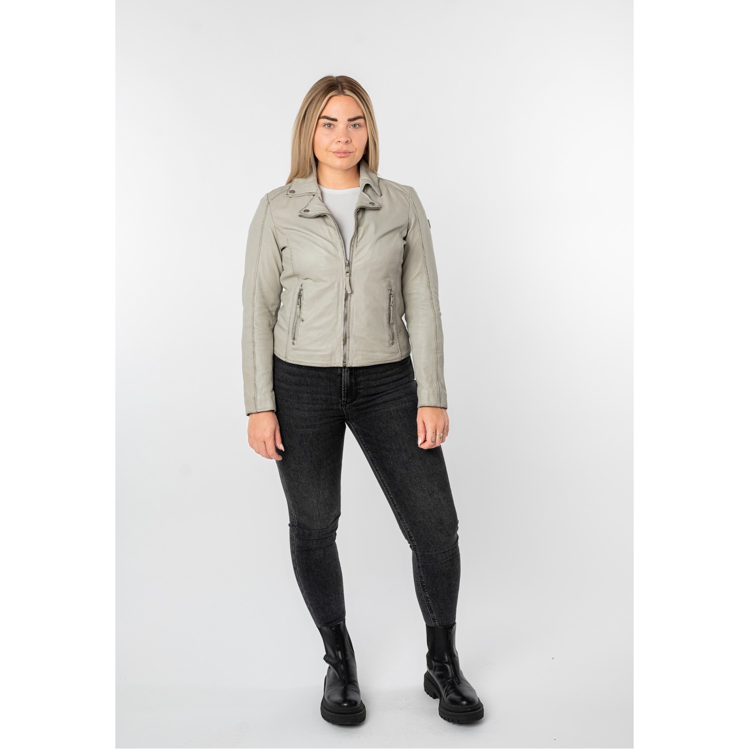 Geacă de Piele Damă Mauritius Gri MWBajah cu Guler Biker și Fermoare Decorative