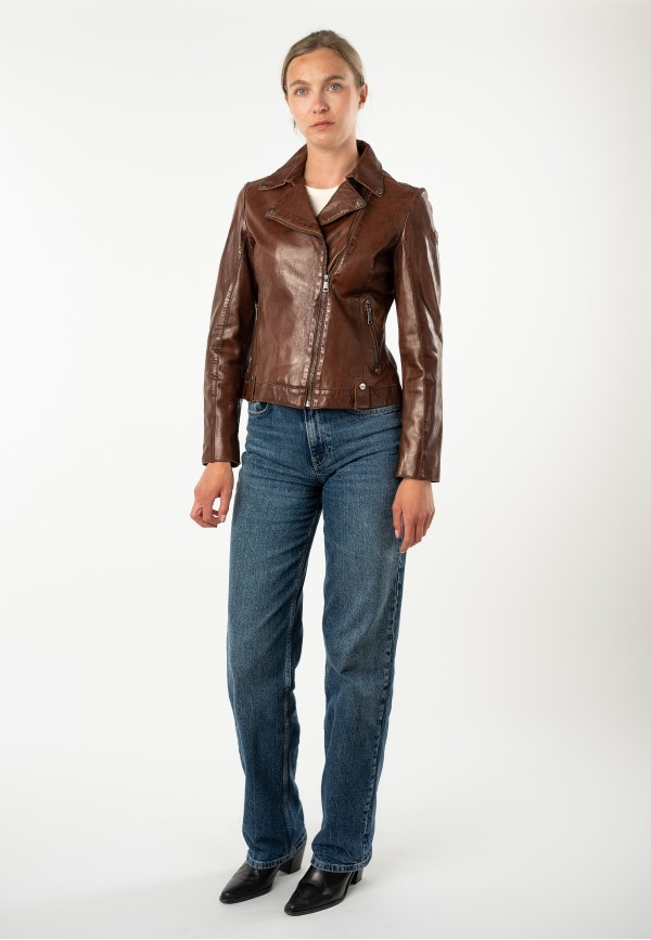 geaca piele dama mauritius coniac mwfarah regular fit stil biker asimetric — fotografia 3