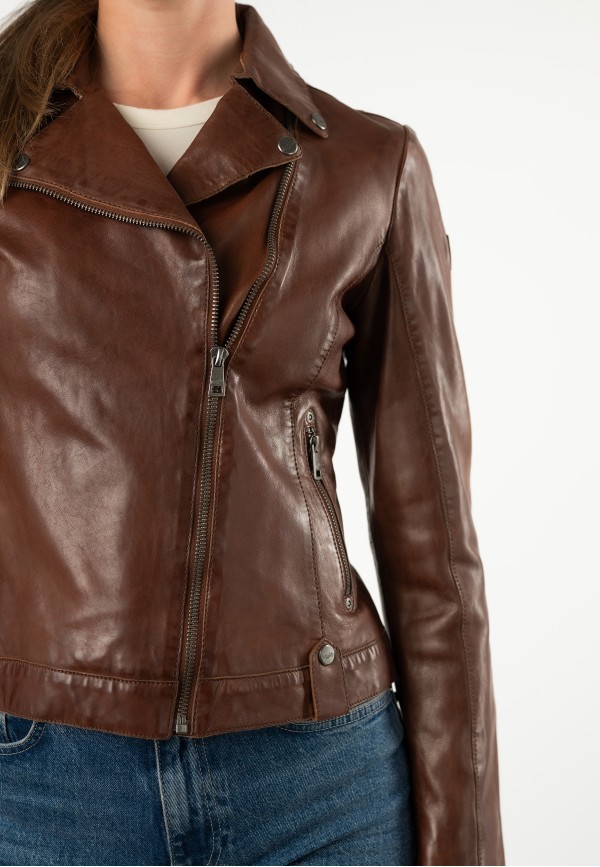 geaca piele dama mauritius coniac mwfarah regular fit stil biker asimetric — fotografia 4