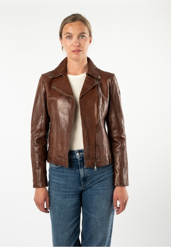 geaca piele dama mauritius coniac mwfarah regular fit stil biker asimetric — fotografia 5