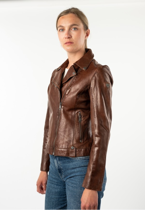 geaca piele dama mauritius coniac mwfarah regular fit stil biker asimetric — fotografia 6