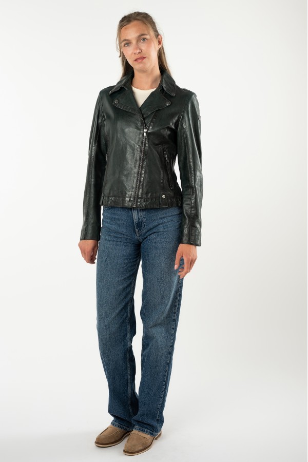 geaca piele dama mauritius verde inchis mwfarah regular fit stil biker asimetric — fotografia 3