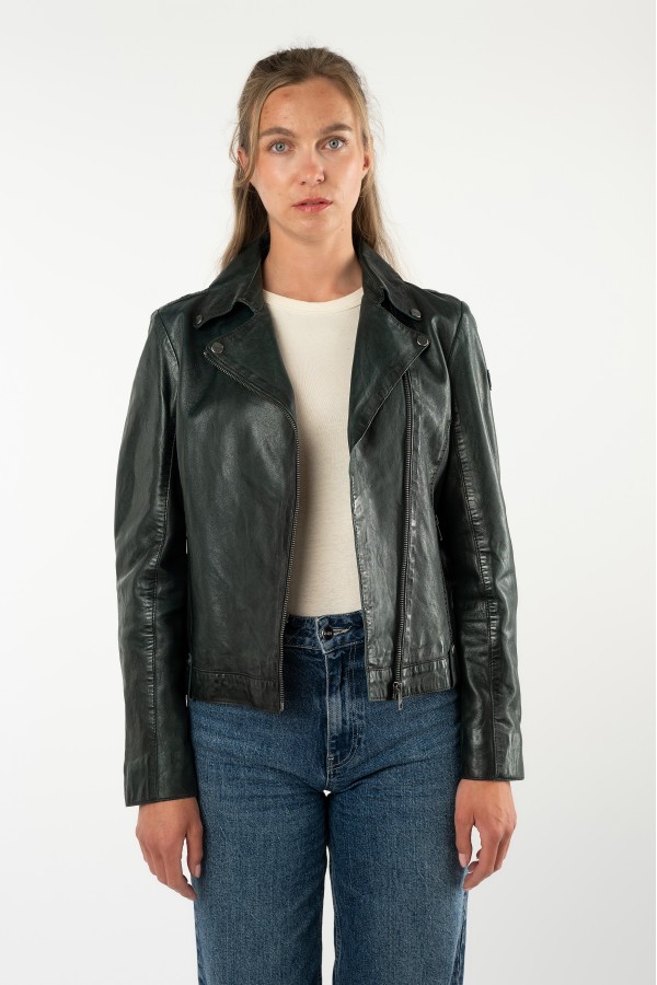 geaca piele dama mauritius verde inchis mwfarah regular fit stil biker asimetric — fotografia 4