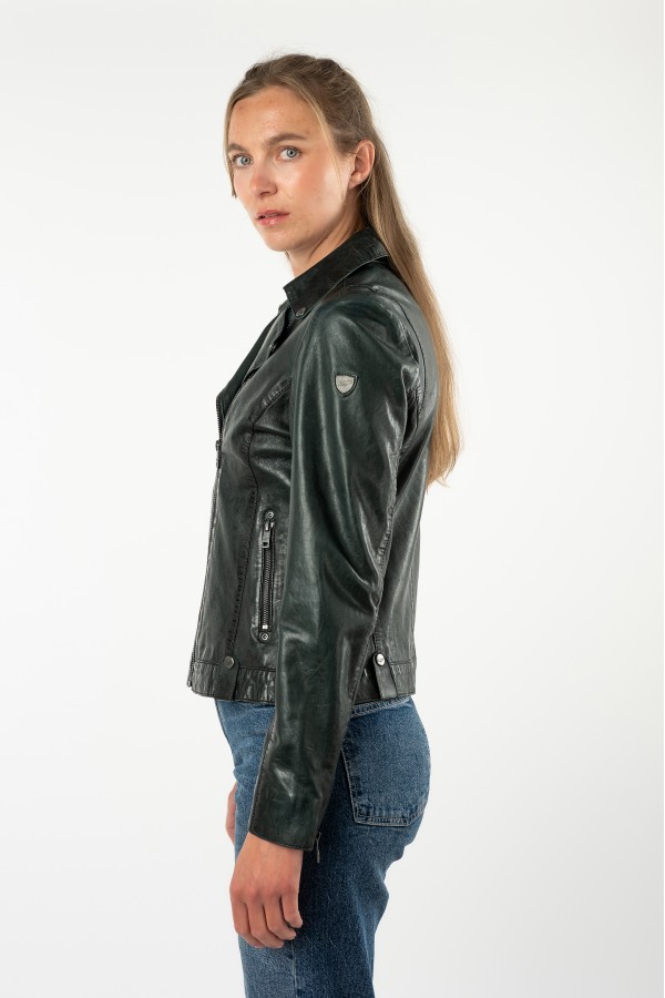 geaca piele dama mauritius verde inchis mwfarah regular fit stil biker asimetric — fotografia 5