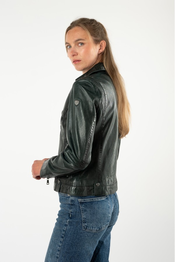 geaca piele dama mauritius verde inchis mwfarah regular fit stil biker asimetric — fotografia 6