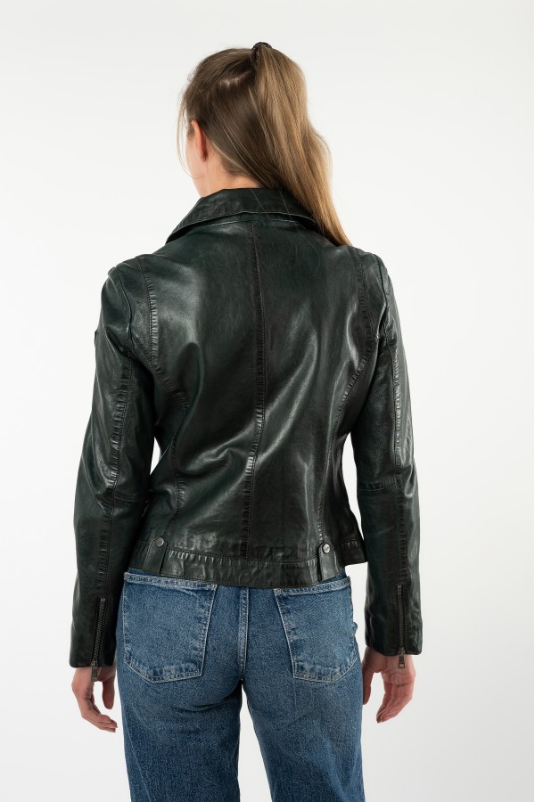 geaca piele dama mauritius verde inchis mwfarah regular fit stil biker asimetric — fotografia 7