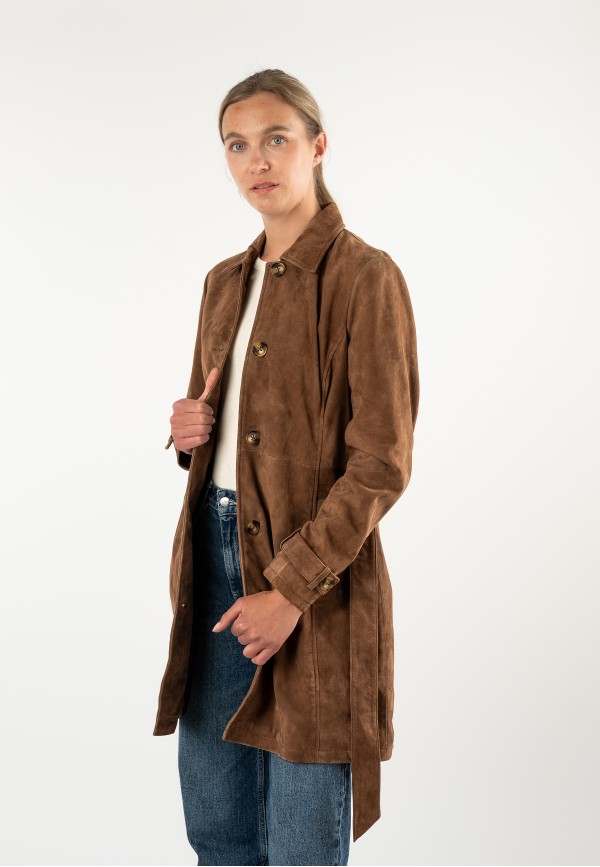 Trench din piele întoarsă damă Mauritius MWHilda whiskey, Regular Fit, cu nasturi și cordon de legare în talie — fotografia 7