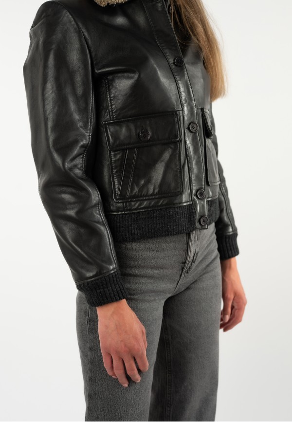 Geacă Bomber de Piele Damă Mauritius Neagră MWHiver cu Guler Teddy și Buzunare Aplicate — fotografia 6