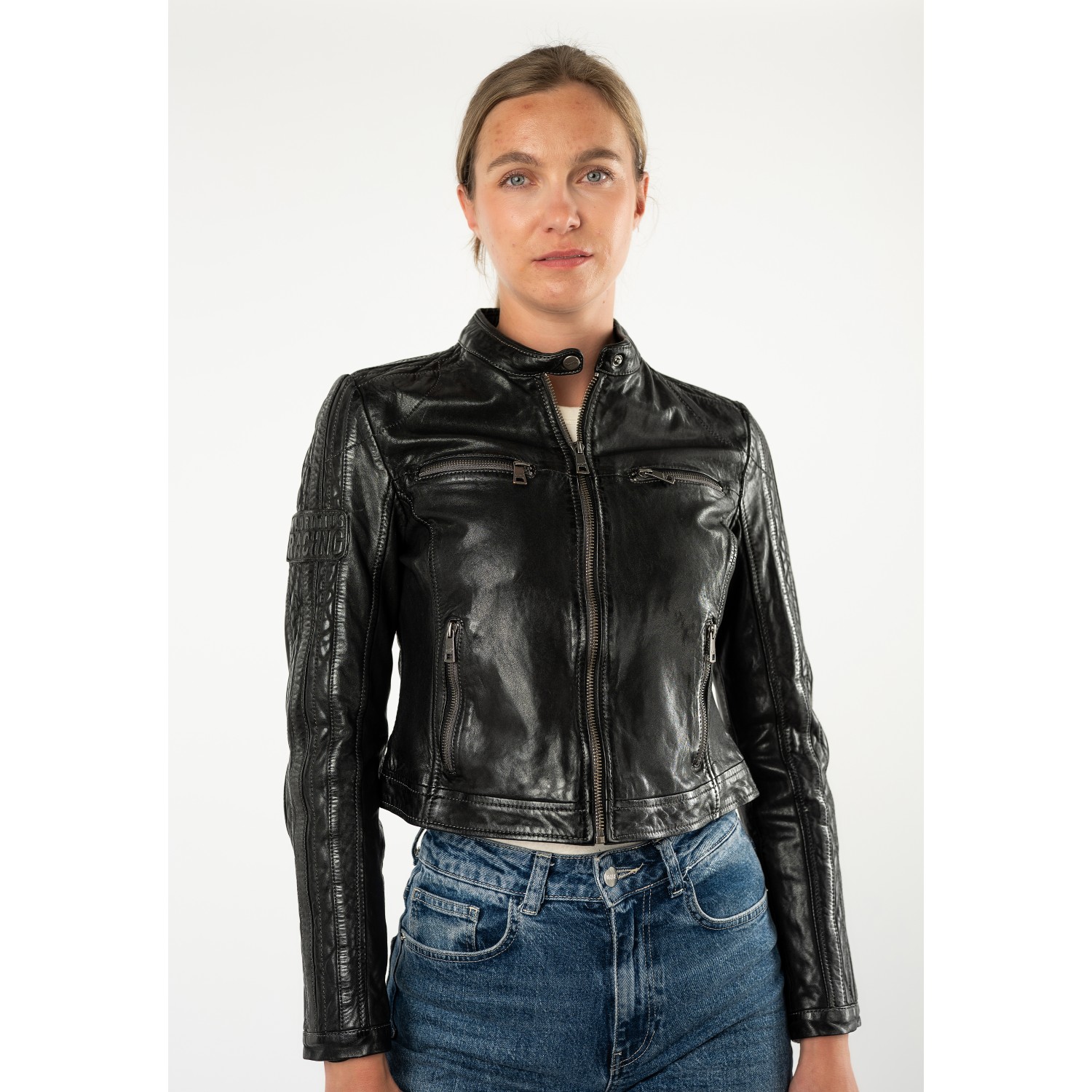 Geacă de Piele Damă Mauritius MWIsadora Neagră Slim Fit cu stea aplicată pe spate