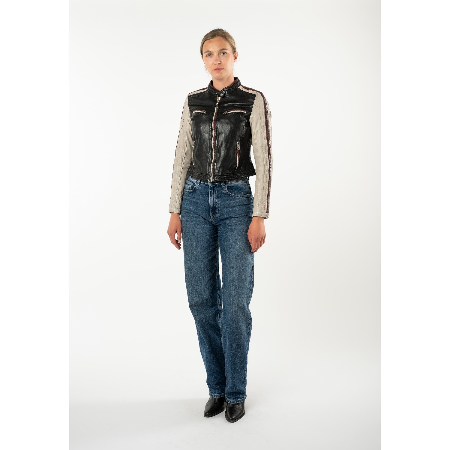 Mauritius MWIsadora - Geacă de Piele Damă Negru Bej Slim Fit Geacă de Piele Damă Mauritius MWIsadora Negru Bej Slim Fit cu stea aplicată pe spate