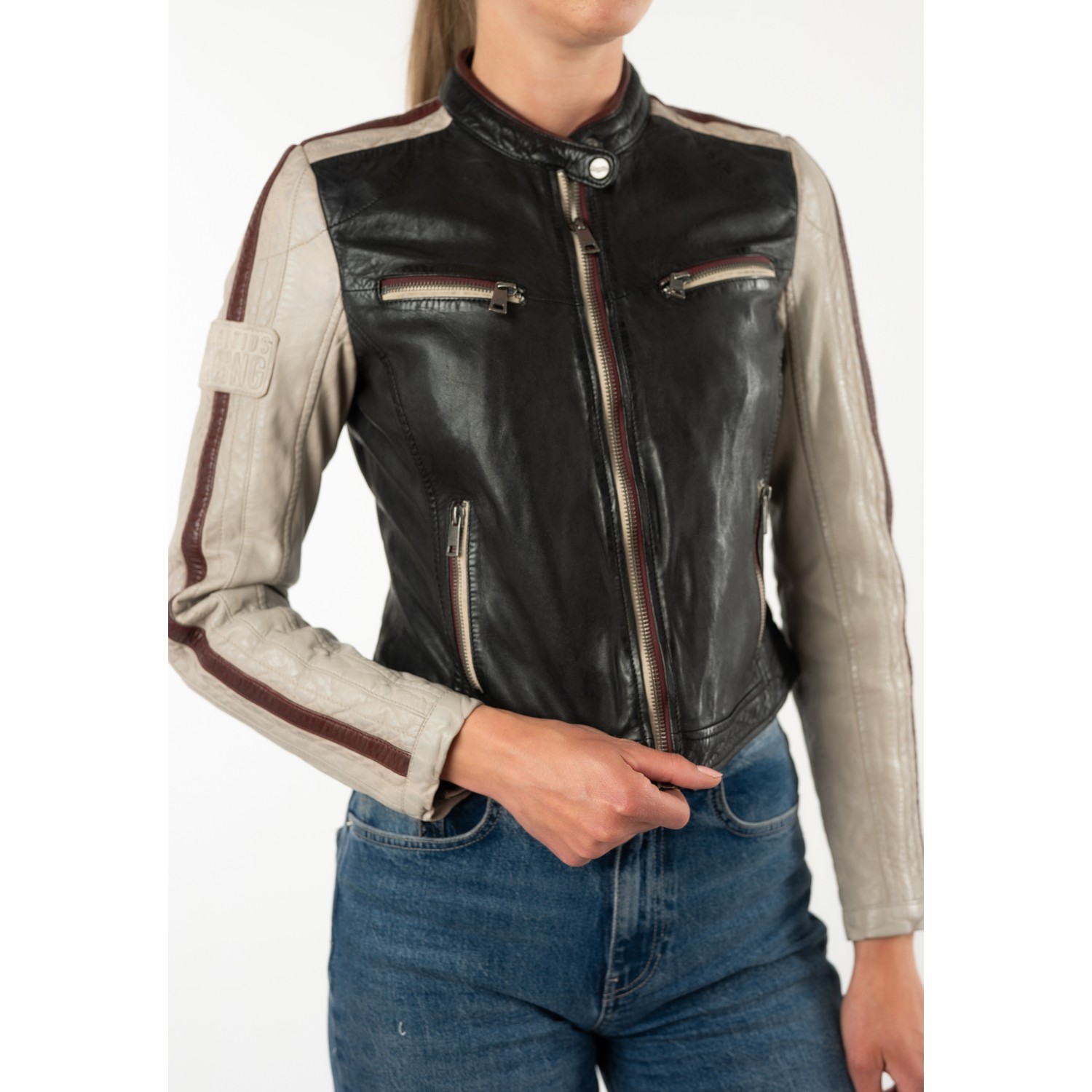 Mauritius MWIsadora - Geacă de Piele Damă Negru Bej Slim Fit Geacă de Piele Damă Mauritius MWIsadora Negru Bej Slim Fit cu stea aplicată pe spate