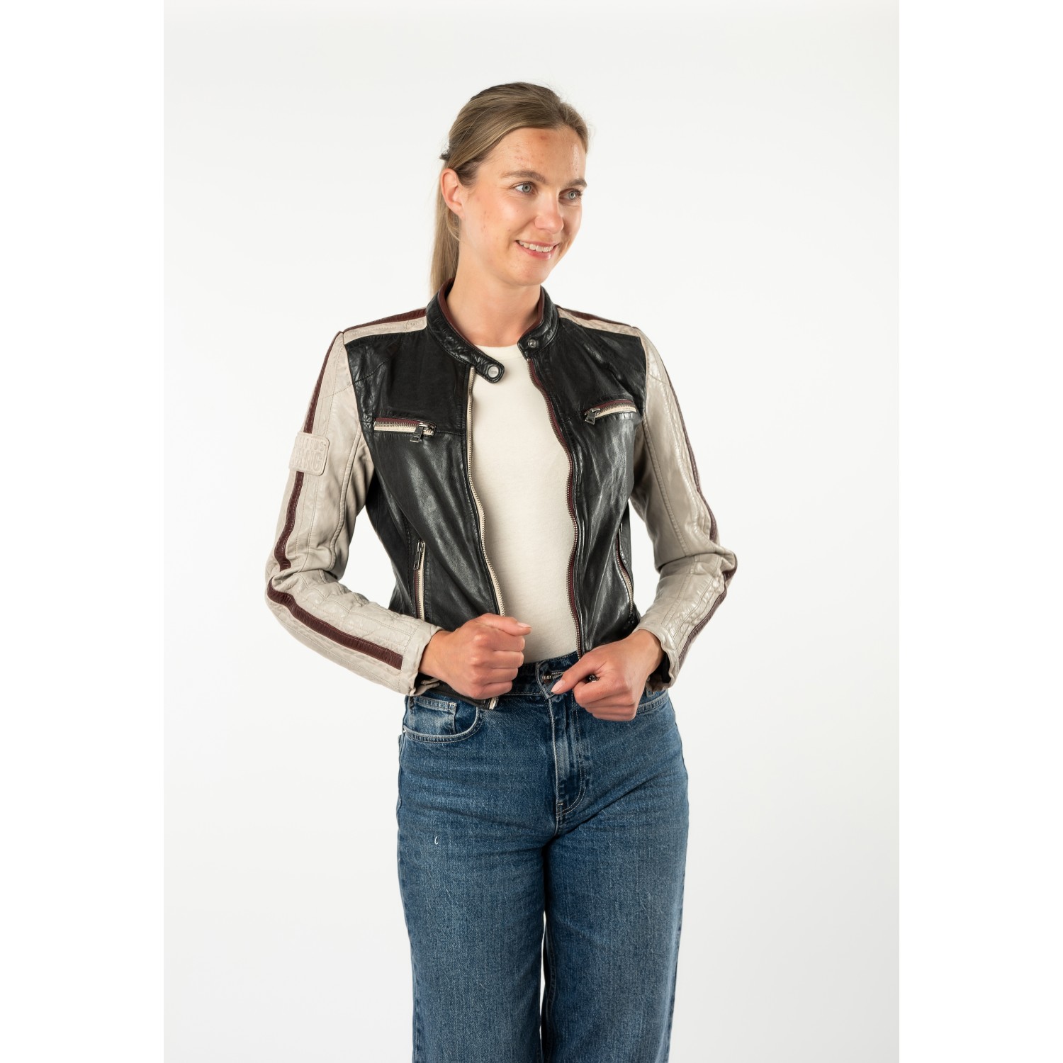 Mauritius MWIsadora - Geacă de Piele Damă Negru Bej Slim Fit Geacă de Piele Damă Mauritius MWIsadora Negru Bej Slim Fit cu stea aplicată pe spate