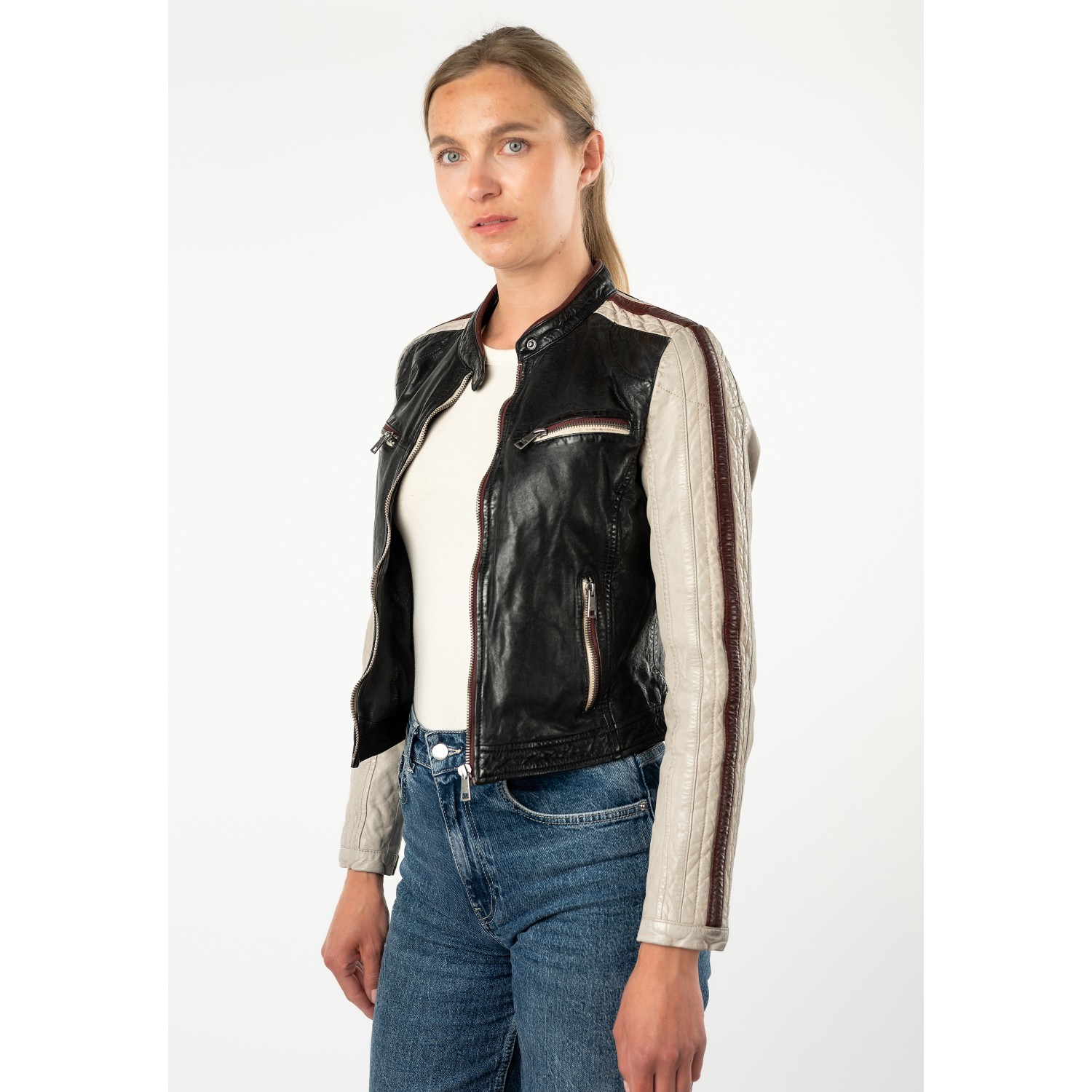 Mauritius MWIsadora - Geacă de Piele Damă Negru Bej Slim Fit Geacă de Piele Damă Mauritius MWIsadora Negru Bej Slim Fit cu stea aplicată pe spate