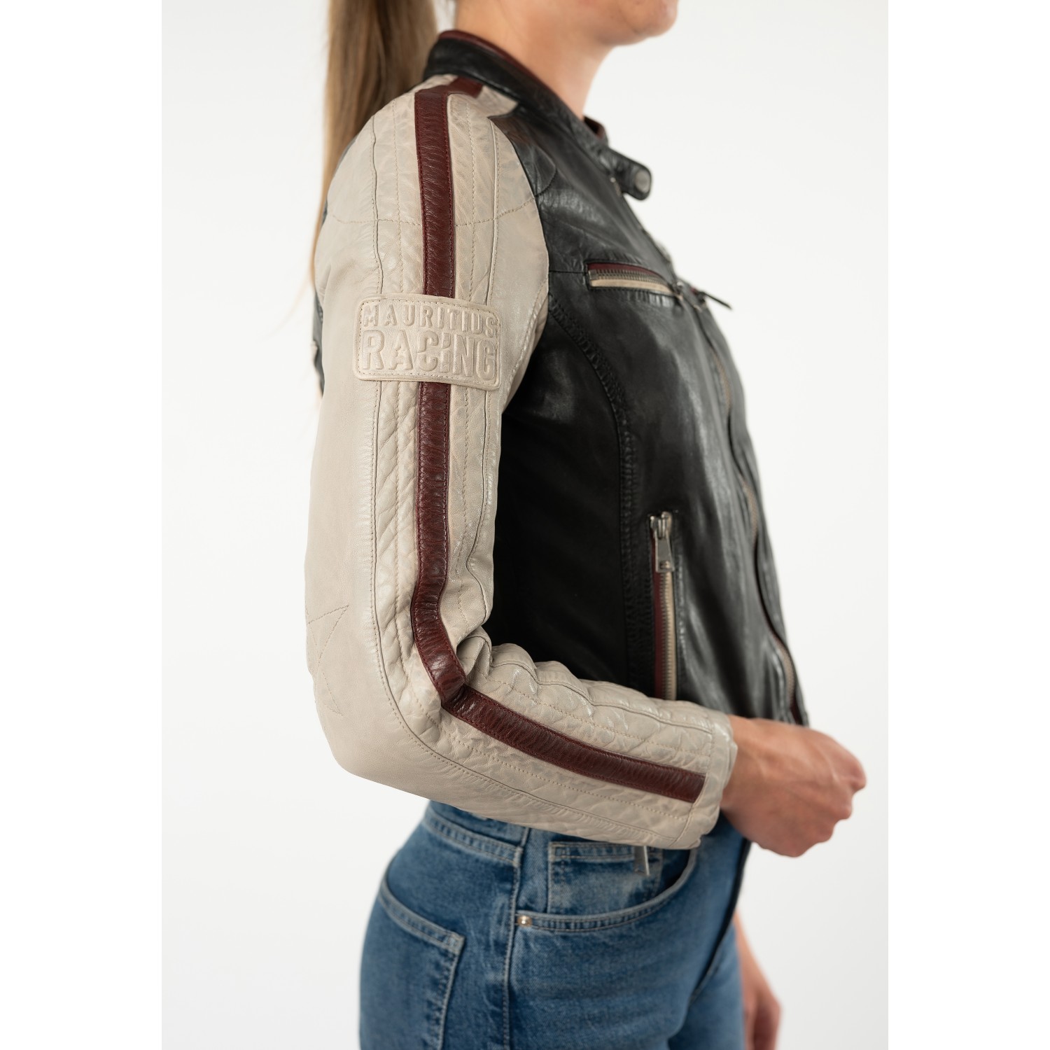 Mauritius MWIsadora - Geacă de Piele Damă Negru Bej Slim Fit Geacă de Piele Damă Mauritius MWIsadora Negru Bej Slim Fit cu stea aplicată pe spate