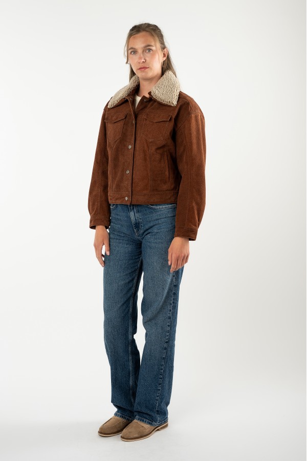Geacă din Piele Damă Mauritius Maro Tutun MWLeilany cu Guler Teddy Detașabil — fotografia 3