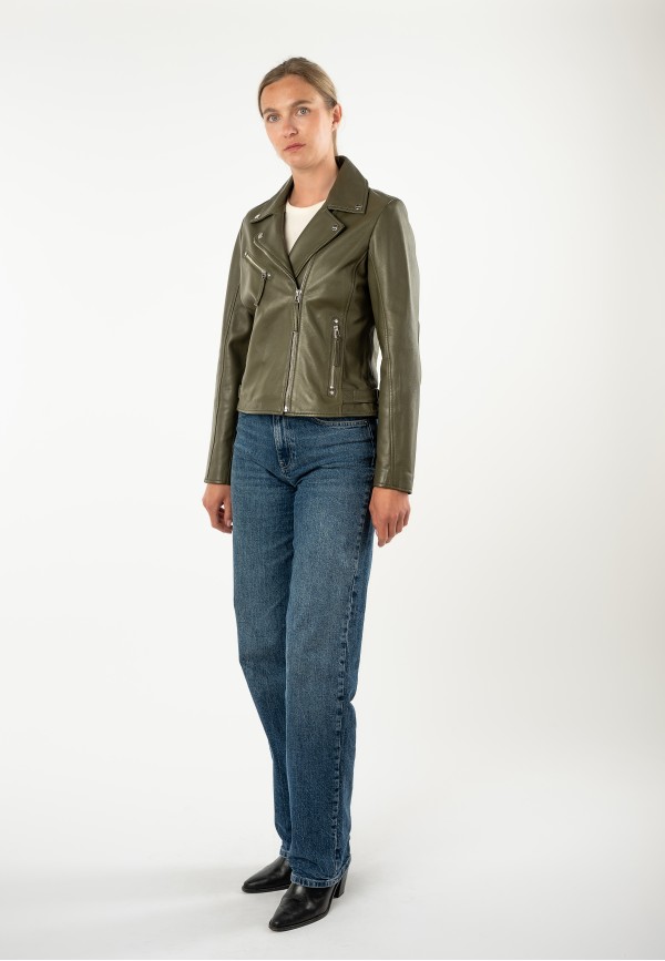 Geacă de piele damă Mauritius MWPasja olive, Regular Fit, cu rever, fermoar asimetric și catarame laterale — fotografia 3