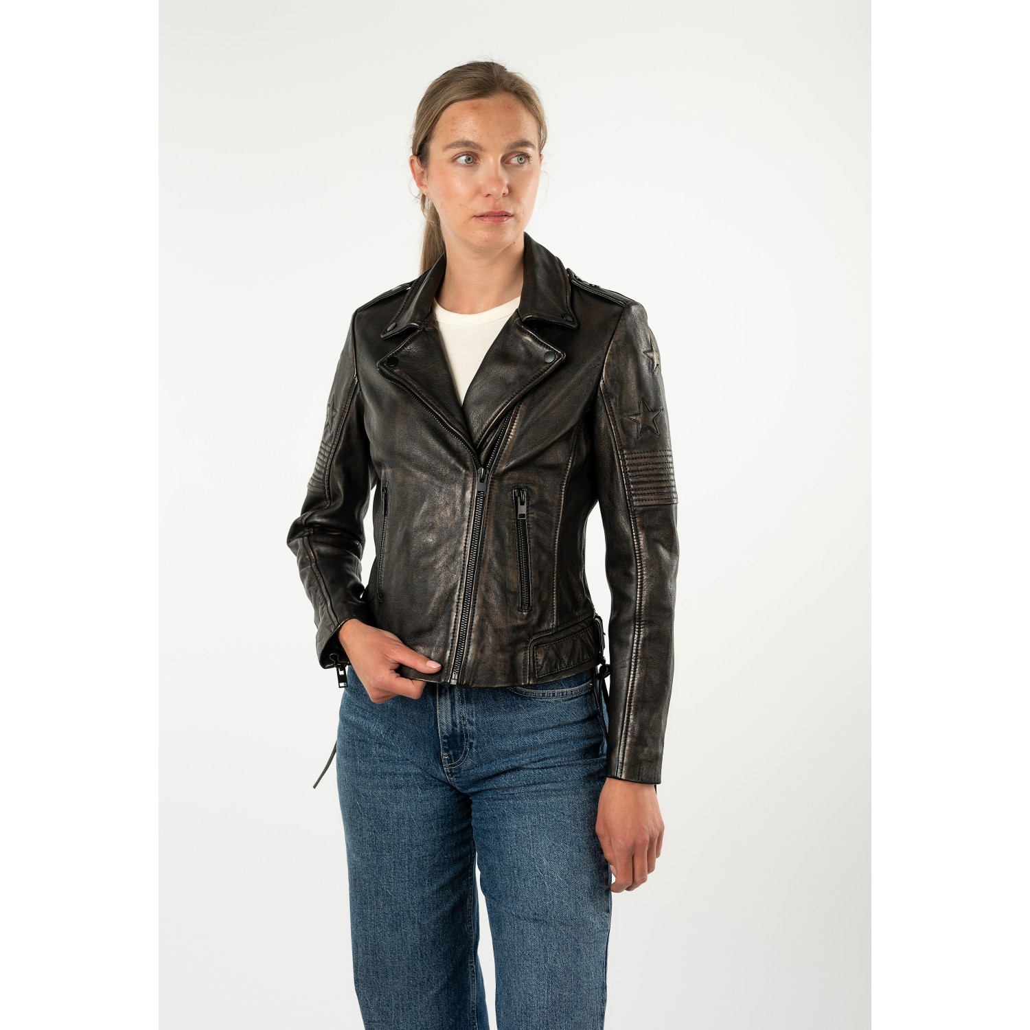 Geacă de Piele Damă Mauritius Negru Antic MWWona Biker Slim Fit