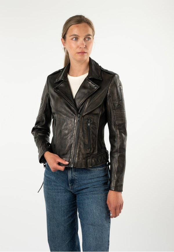 Geacă de Piele Damă Mauritius Negru Antic MWWona Biker Slim Fit — fotografia 3