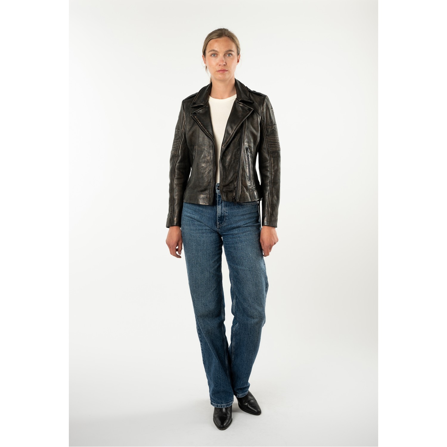 Geacă de Piele Damă Mauritius Negru Antic MWWona Biker Slim Fit