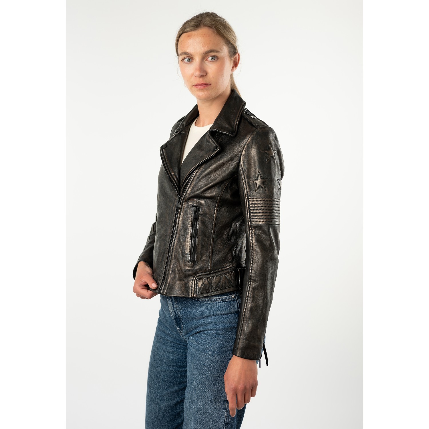 Geacă de Piele Damă Mauritius Negru Antic MWWona Biker Slim Fit