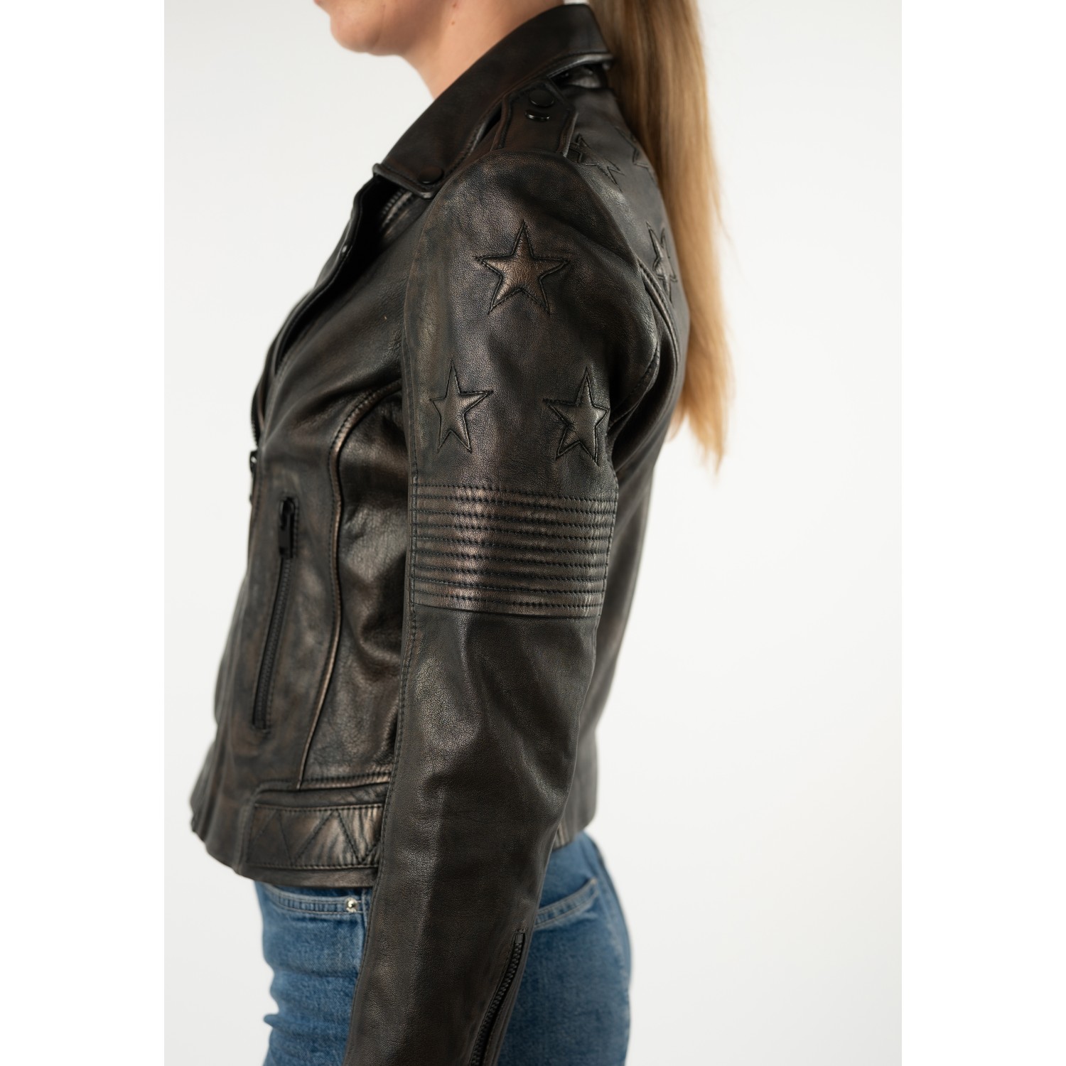 Geacă de Piele Damă Mauritius Negru Antic MWWona Biker Slim Fit