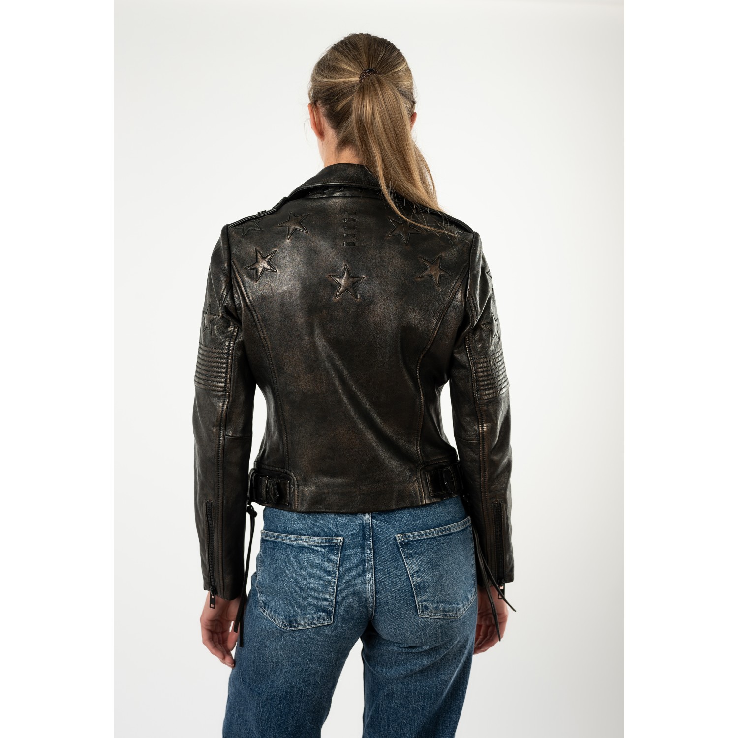 Geacă de Piele Damă Mauritius Negru Antic MWWona Biker Slim Fit