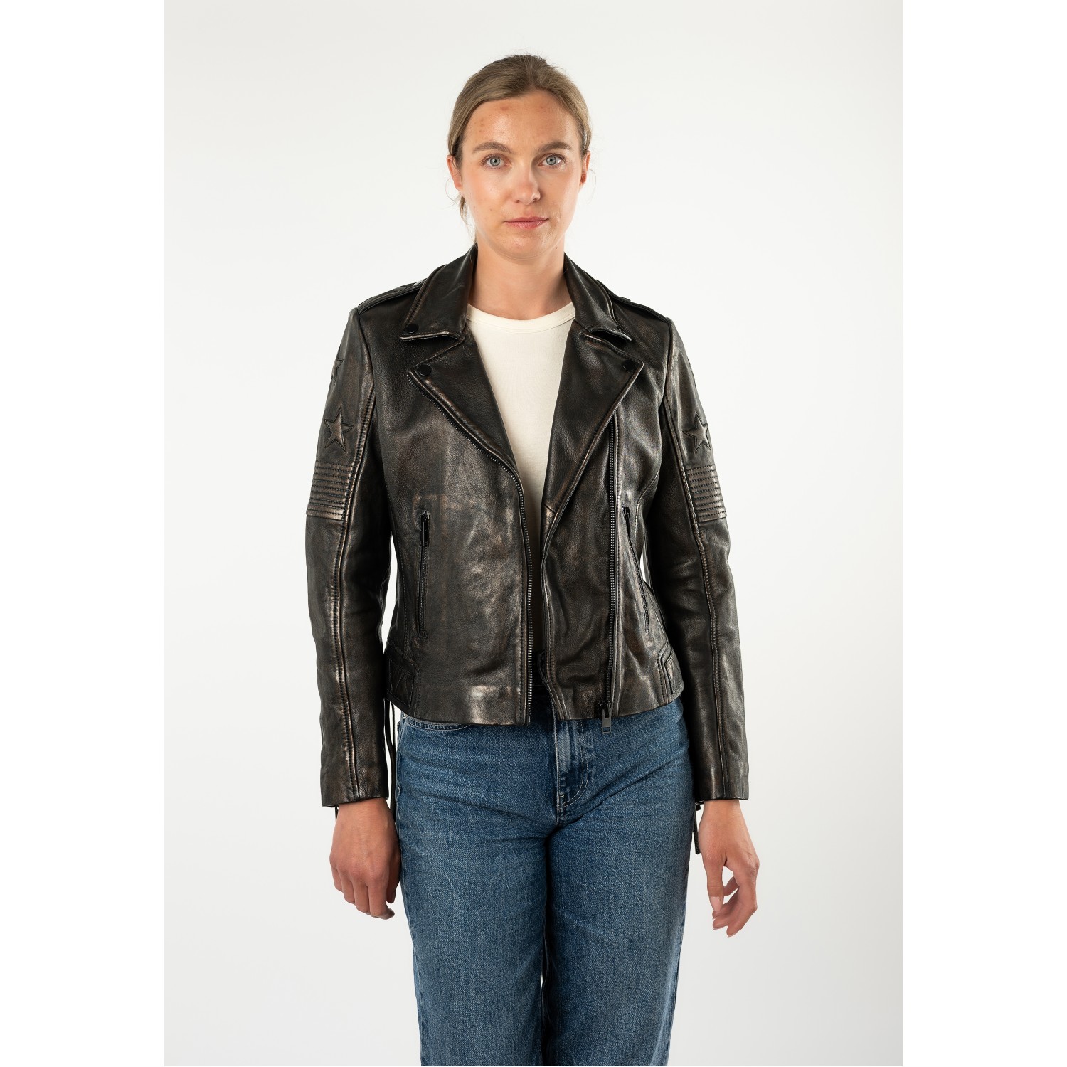 Geacă de Piele Damă Mauritius Negru Antic MWWona Biker Slim Fit
