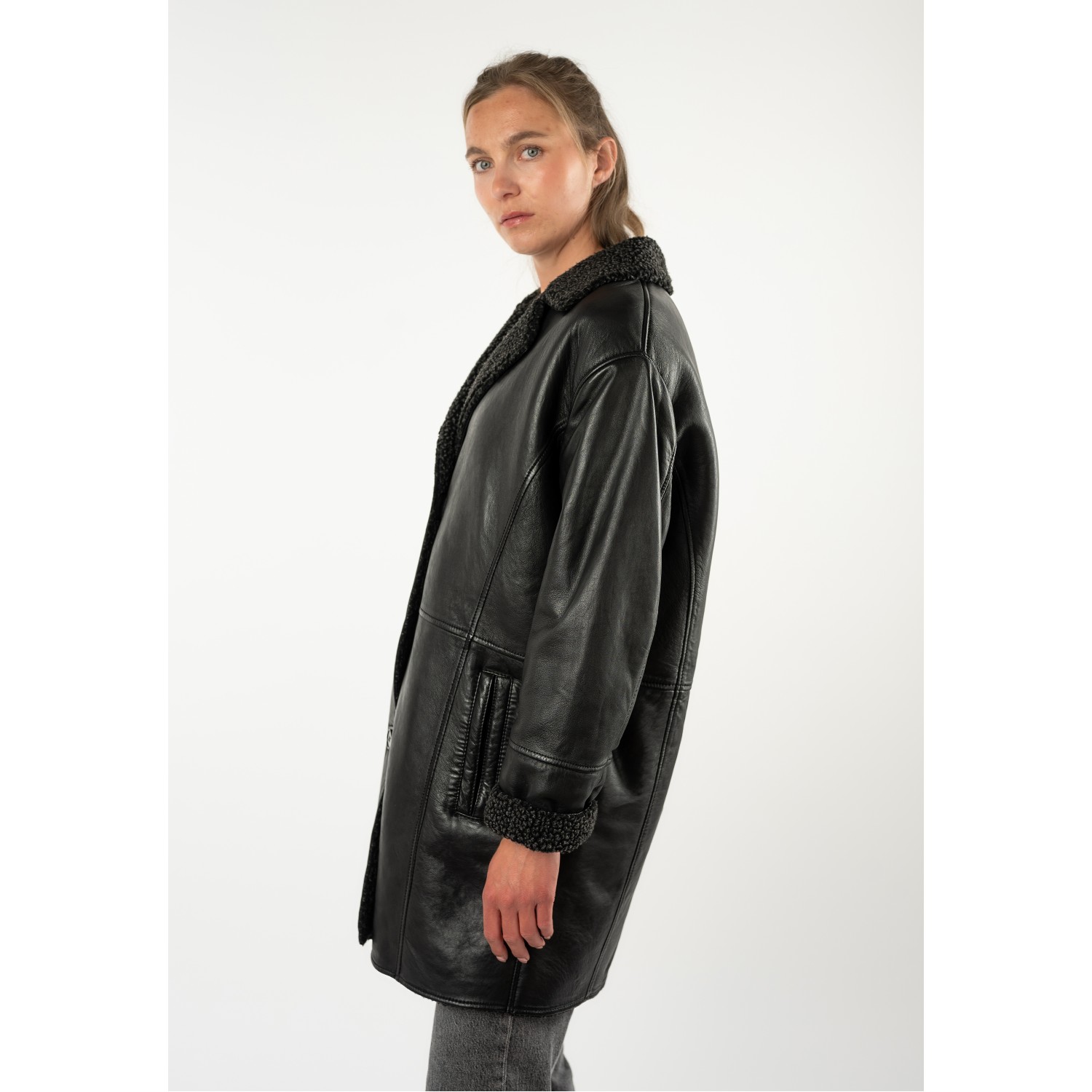 Mauritius MWYuki - Palton de Piele Damă Negru Oversize Palton de Piele Damă Mauritius Negru MWYuki Oversize cu Căptușeală Teddy