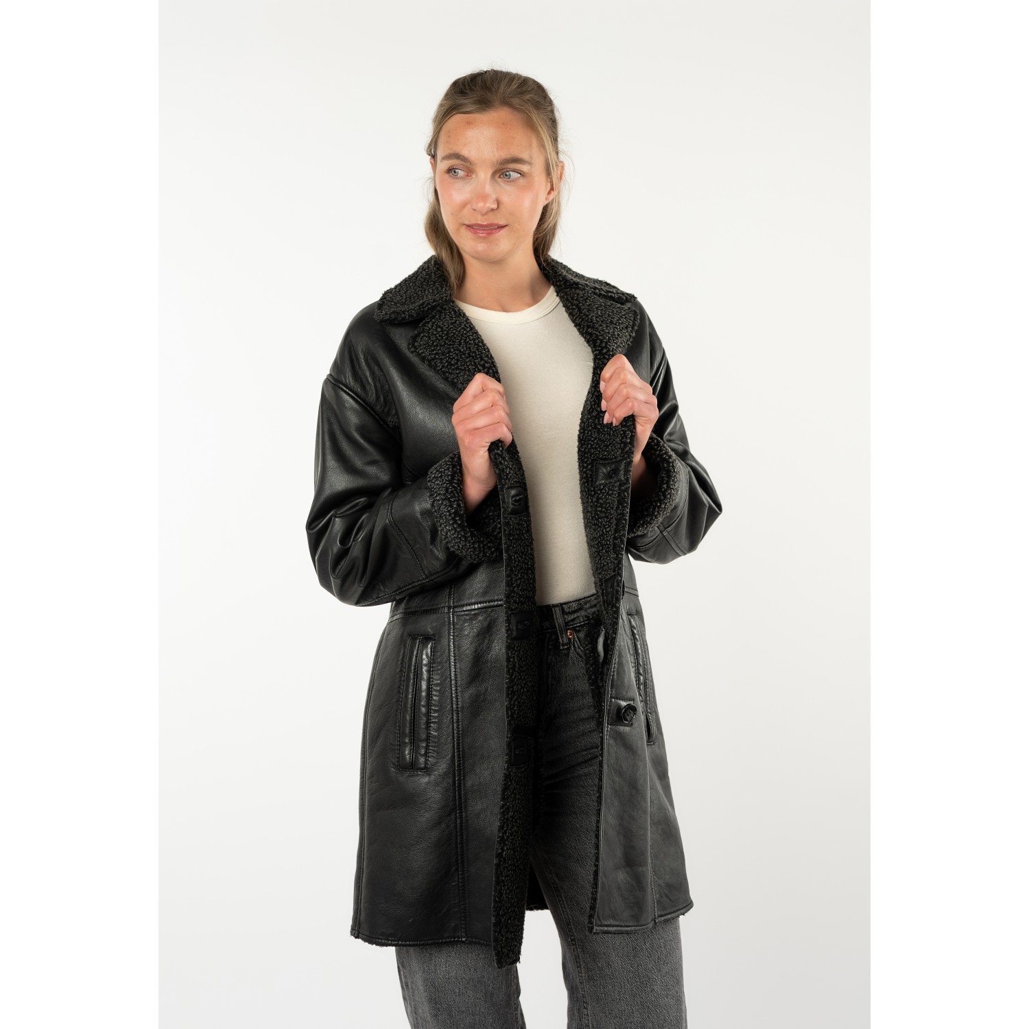 Mauritius MWYuki - Palton de Piele Damă Negru Oversize Palton de Piele Damă Mauritius Negru MWYuki Oversize cu Căptușeală Teddy