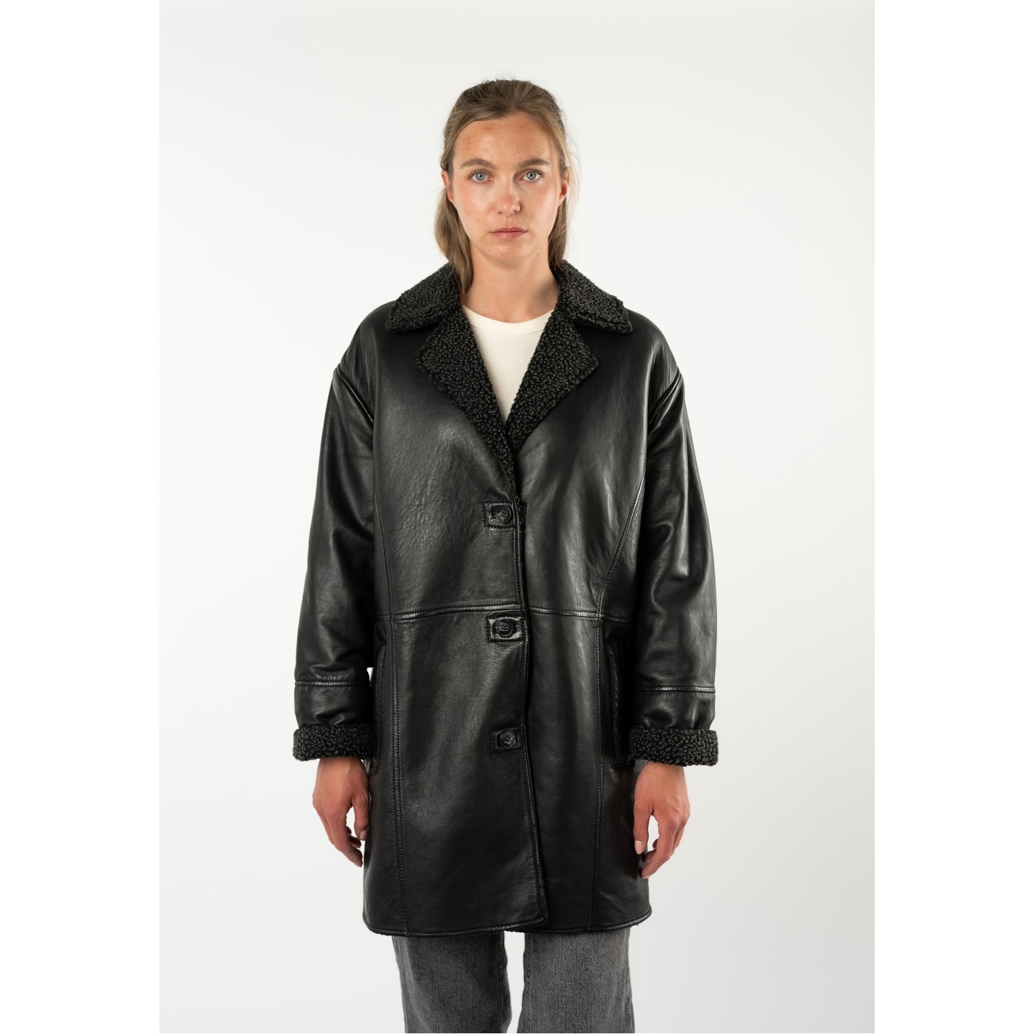 Mauritius MWYuki - Palton de Piele Damă Negru Oversize Palton de Piele Damă Mauritius Negru MWYuki Oversize cu Căptușeală Teddy