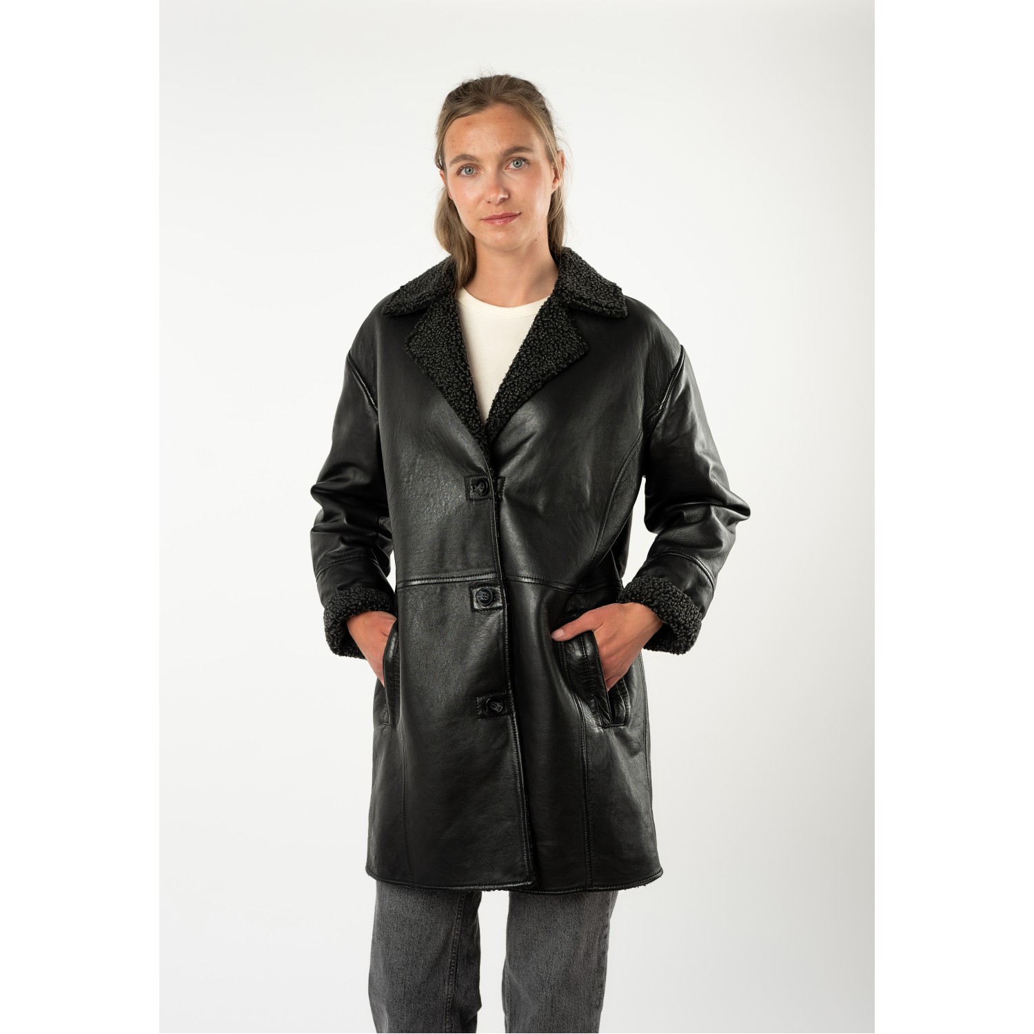 Mauritius MWYuki - Palton de Piele Damă Negru Oversize Palton de Piele Damă Mauritius Negru MWYuki Oversize cu Căptușeală Teddy