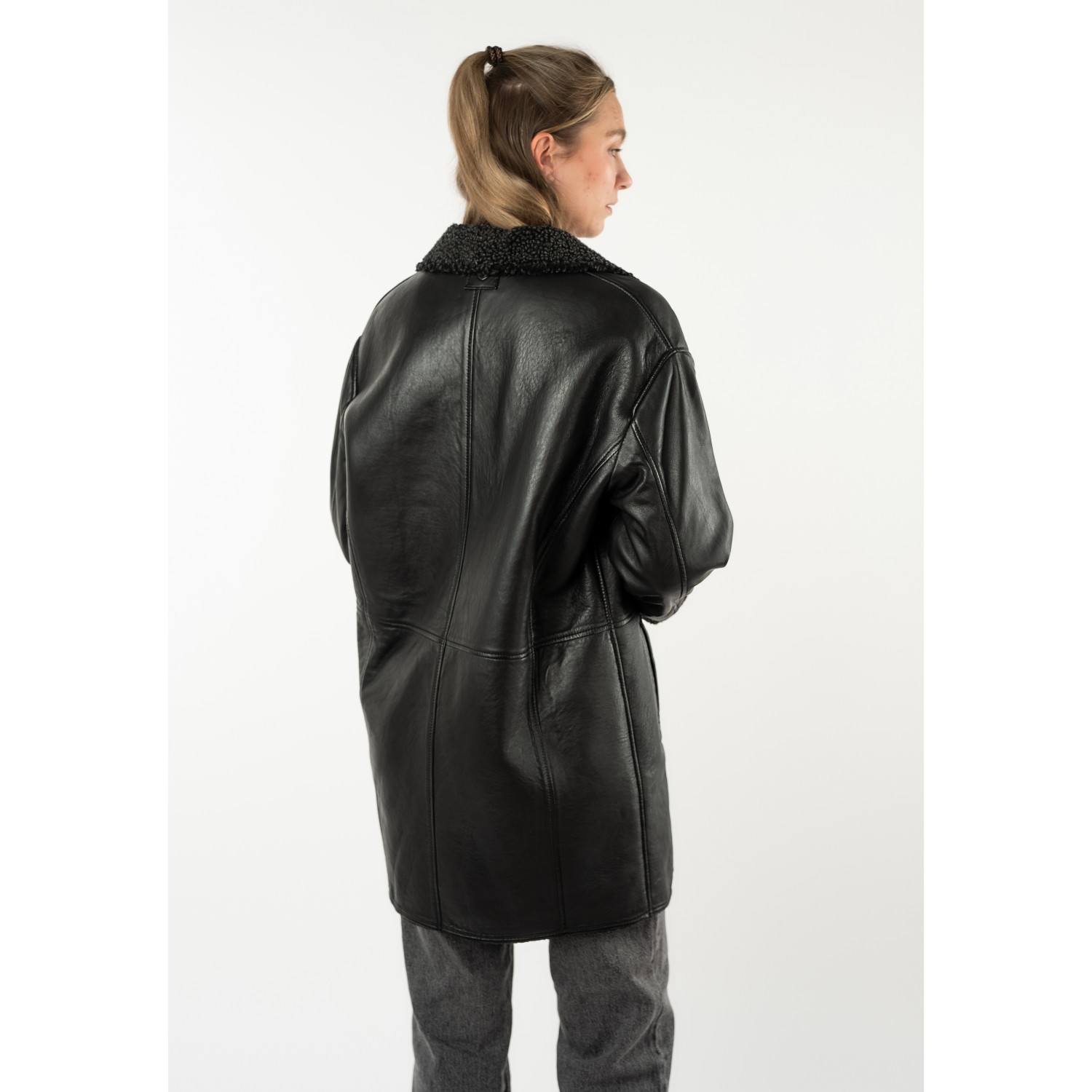 Mauritius MWYuki - Palton de Piele Damă Negru Oversize Palton de Piele Damă Mauritius Negru MWYuki Oversize cu Căptușeală Teddy