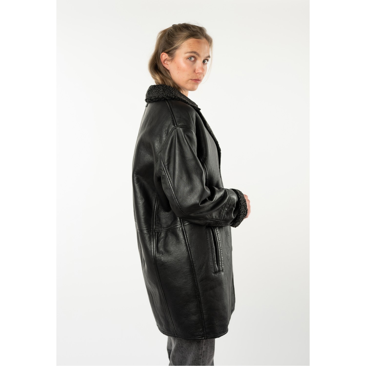 Mauritius MWYuki - Palton de Piele Damă Negru Oversize Palton de Piele Damă Mauritius Negru MWYuki Oversize cu Căptușeală Teddy