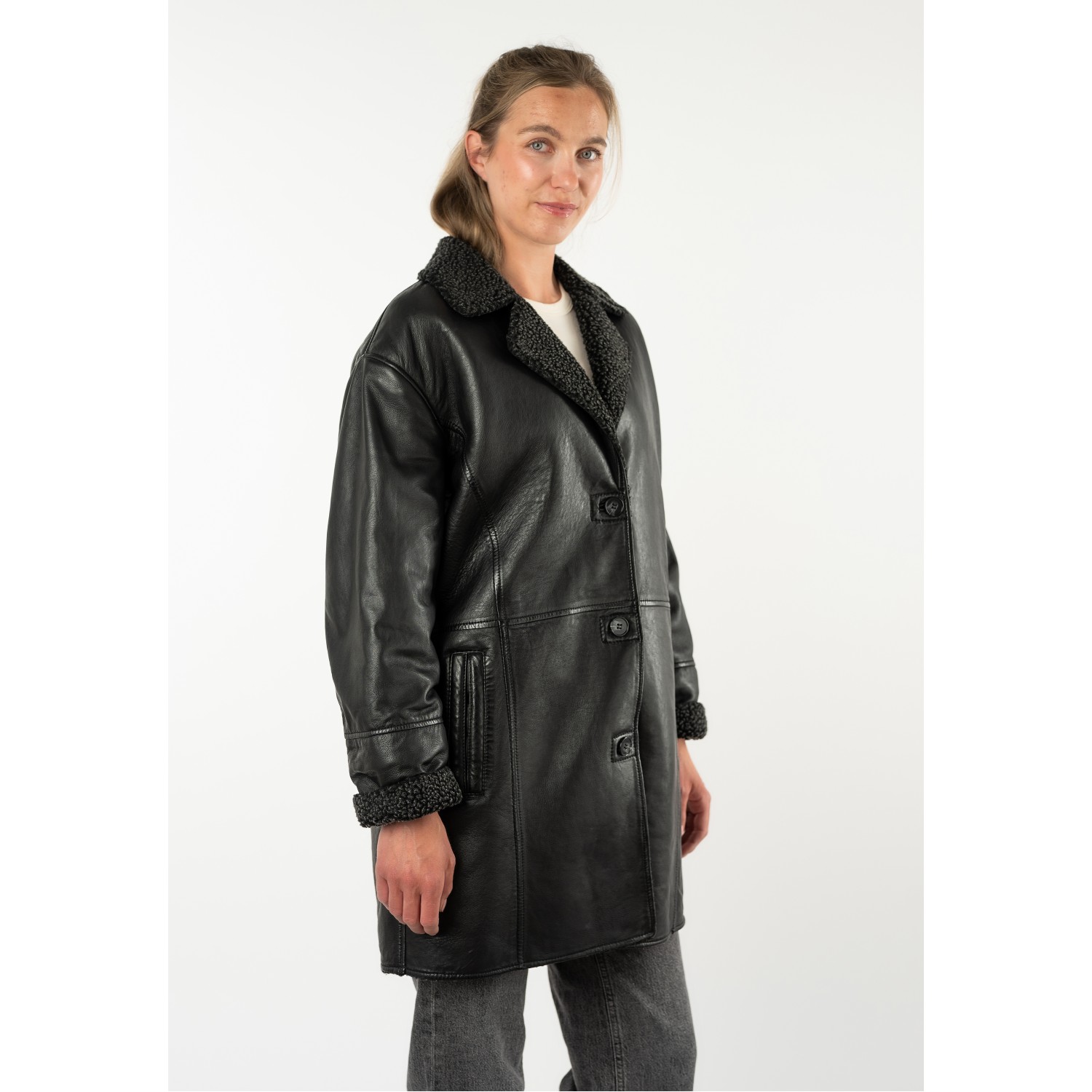 Mauritius MWYuki - Palton de Piele Damă Negru Oversize Palton de Piele Damă Mauritius Negru MWYuki Oversize cu Căptușeală Teddy