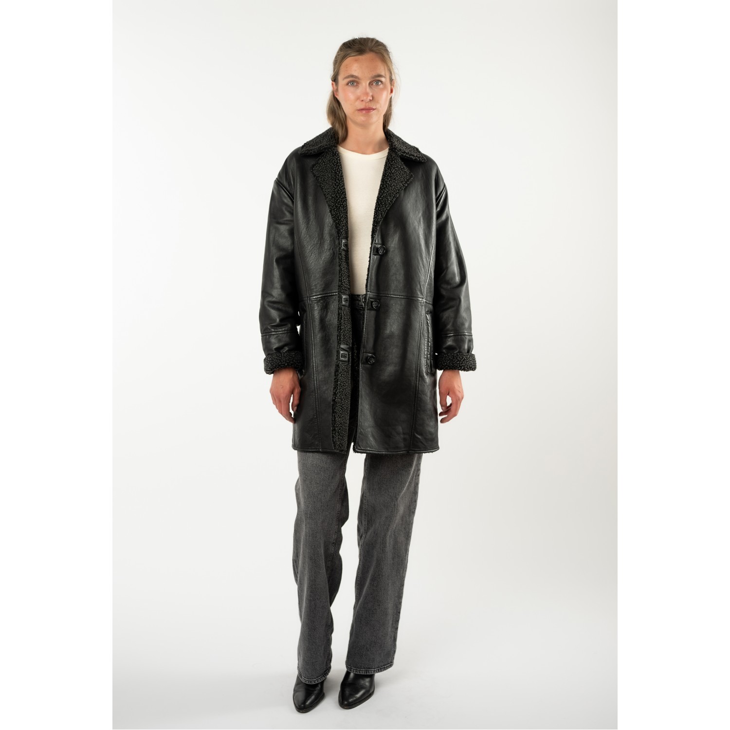 Mauritius MWYuki - Palton de Piele Damă Negru Oversize Palton de Piele Damă Mauritius Negru MWYuki Oversize cu Căptușeală Teddy