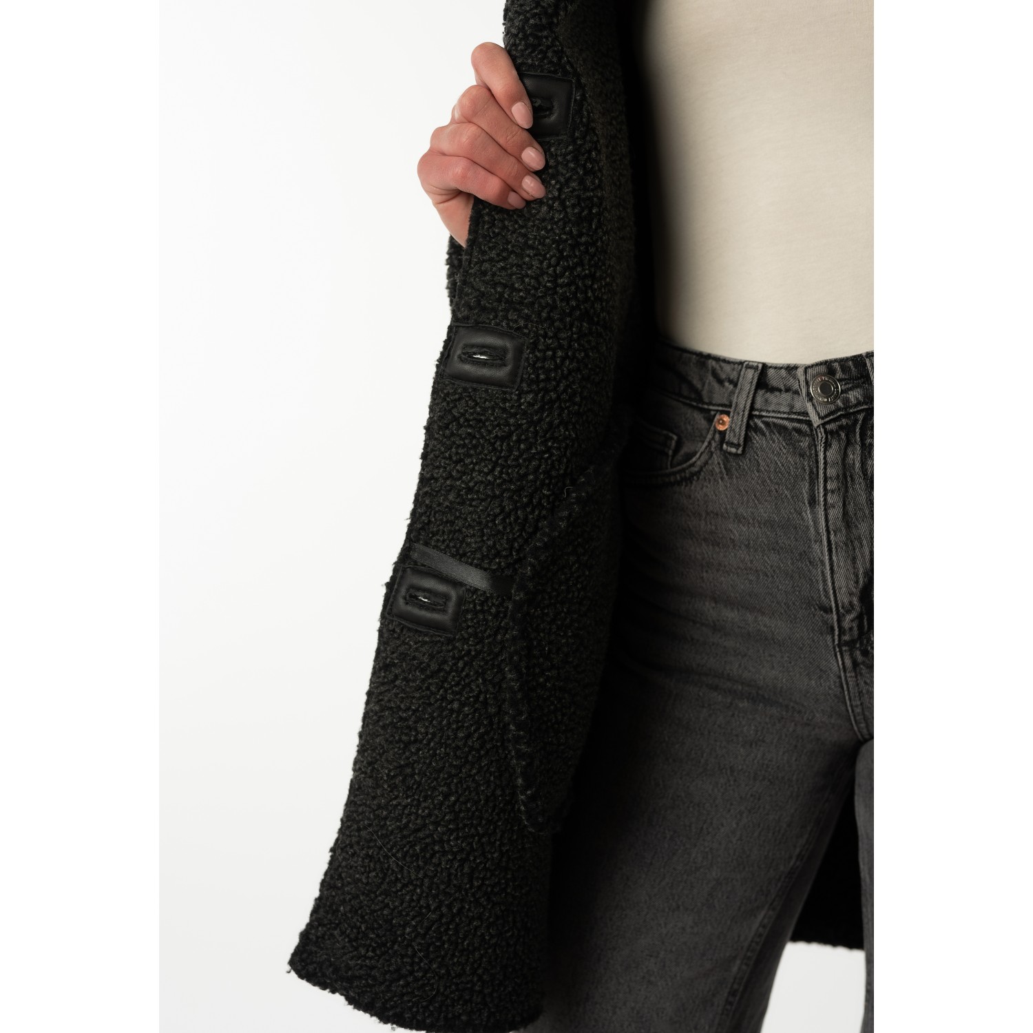 Mauritius MWYuki - Palton de Piele Damă Negru Oversize Palton de Piele Damă Mauritius Negru MWYuki Oversize cu Căptușeală Teddy