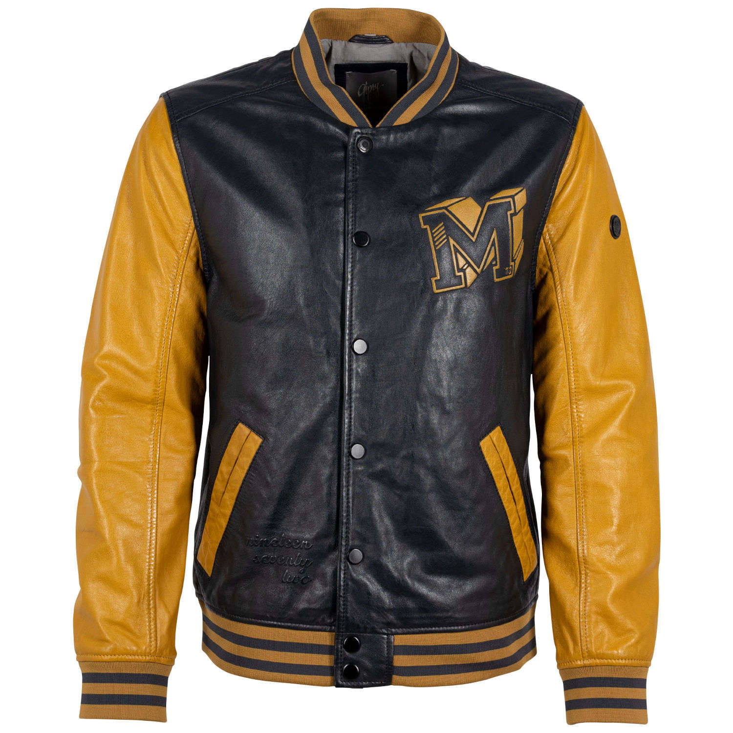 Geaca de Piele Barbati Gipsy Albastru Inchis/Galben Mustar GMCuno – Black Friday
