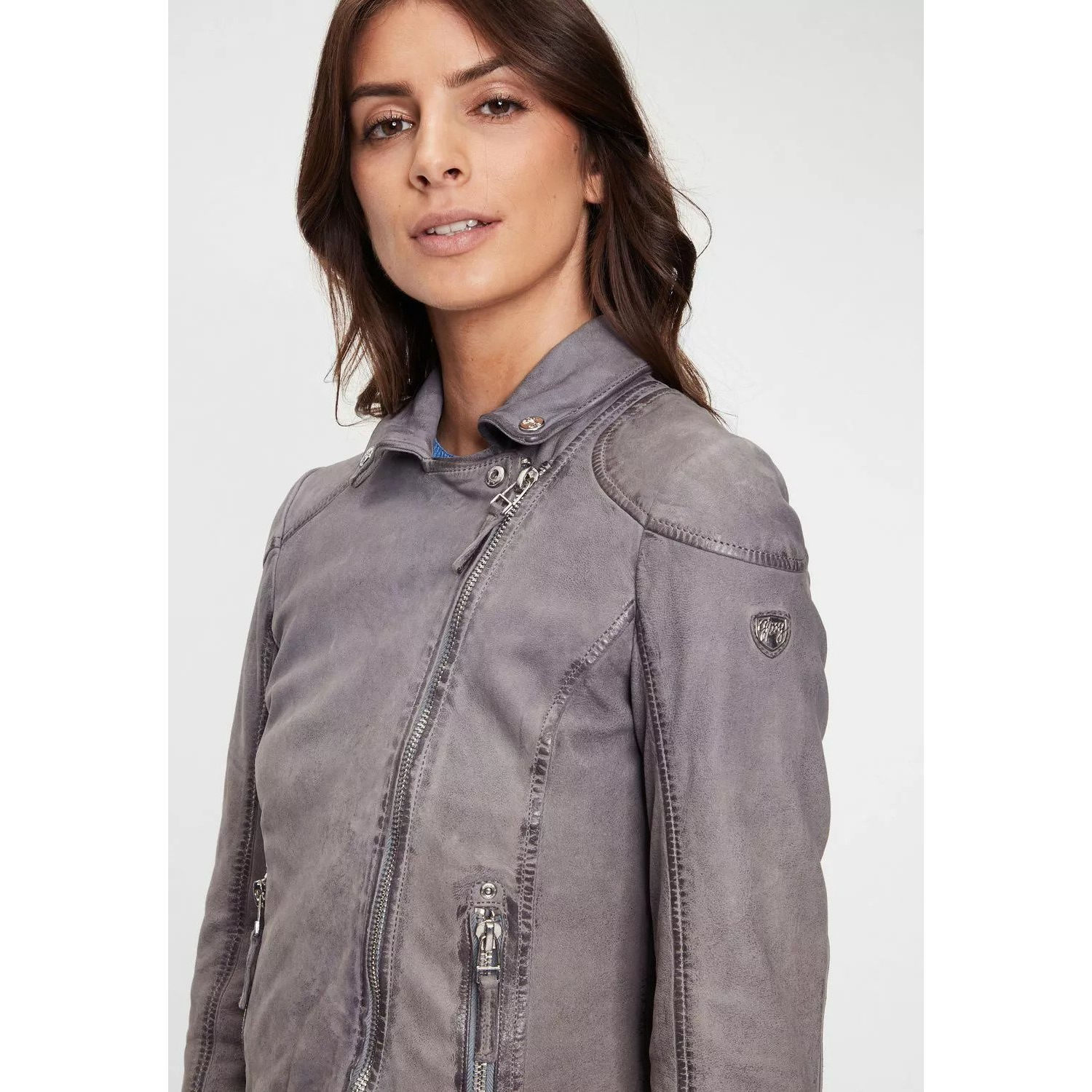 Geaca de Piele Dama Gipsy Albastru Prafuit GWKandy S22 LAMOV – IMBRACAMINTE