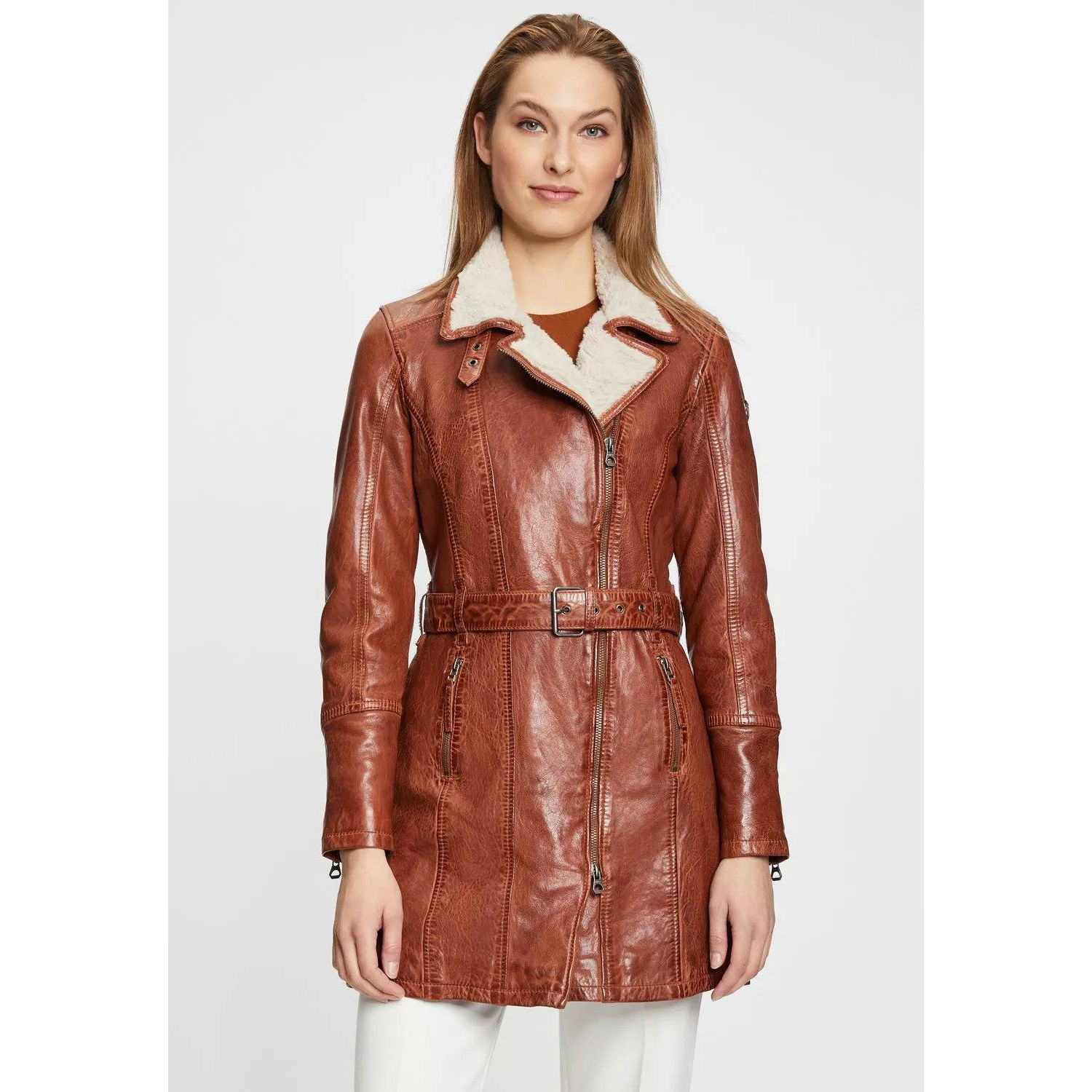 Geaca Lunga de Iarna din Piele Dama Gipsy Coniac GWTamala – IMBRACAMINTE