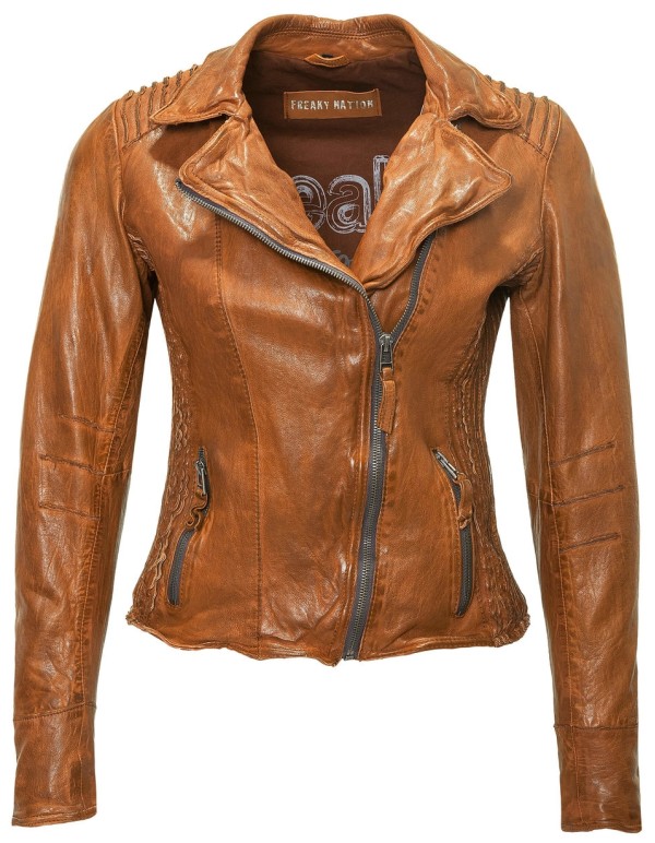 Geaca de Piele Naturala Dama Freaky Nation Coniac Biker FN22350 – Black Friday — fotografia 1