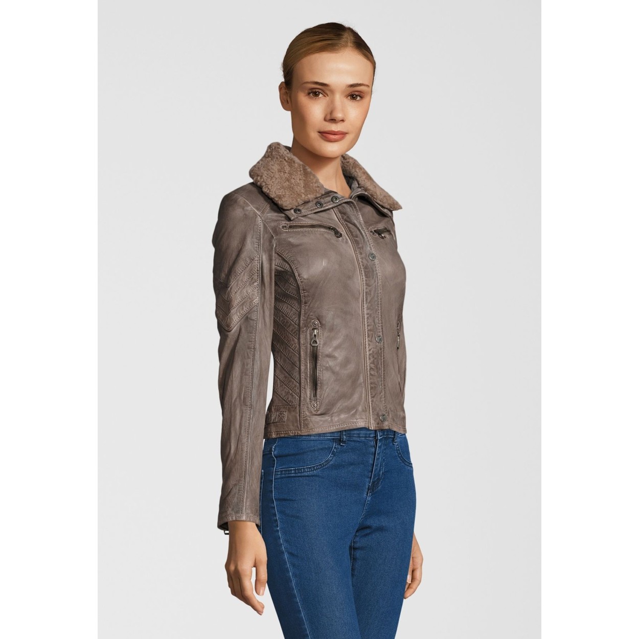 Geaca de Piele Naturala Dama Gipsy Gri Dibah W18 LANOV W – IMBRACAMINTE