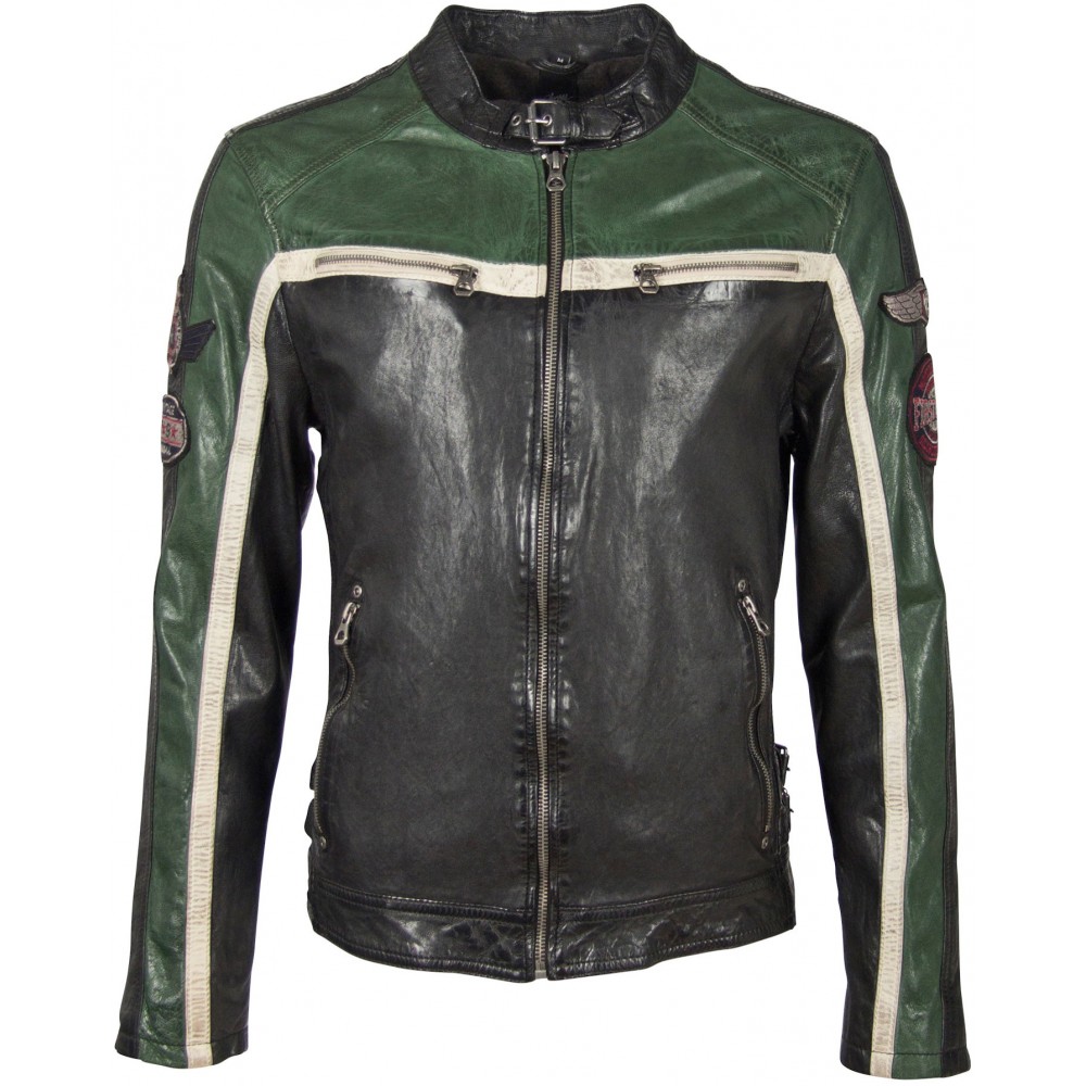 Geaca de Piele Naturala Barbati Gipsy Negru/Verde/Alb Murdar GBMyles LACAV - readytowear.ro