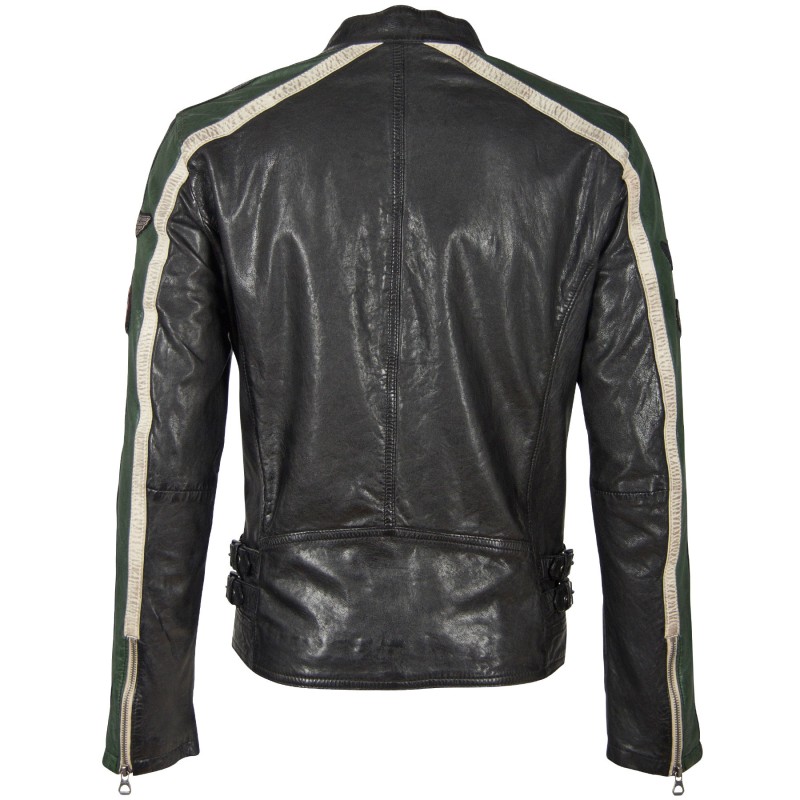 Geaca de Piele Naturala Barbati Gipsy Negru/Verde/Alb Murdar GBMyles LACAV – IMBRACAMINTE