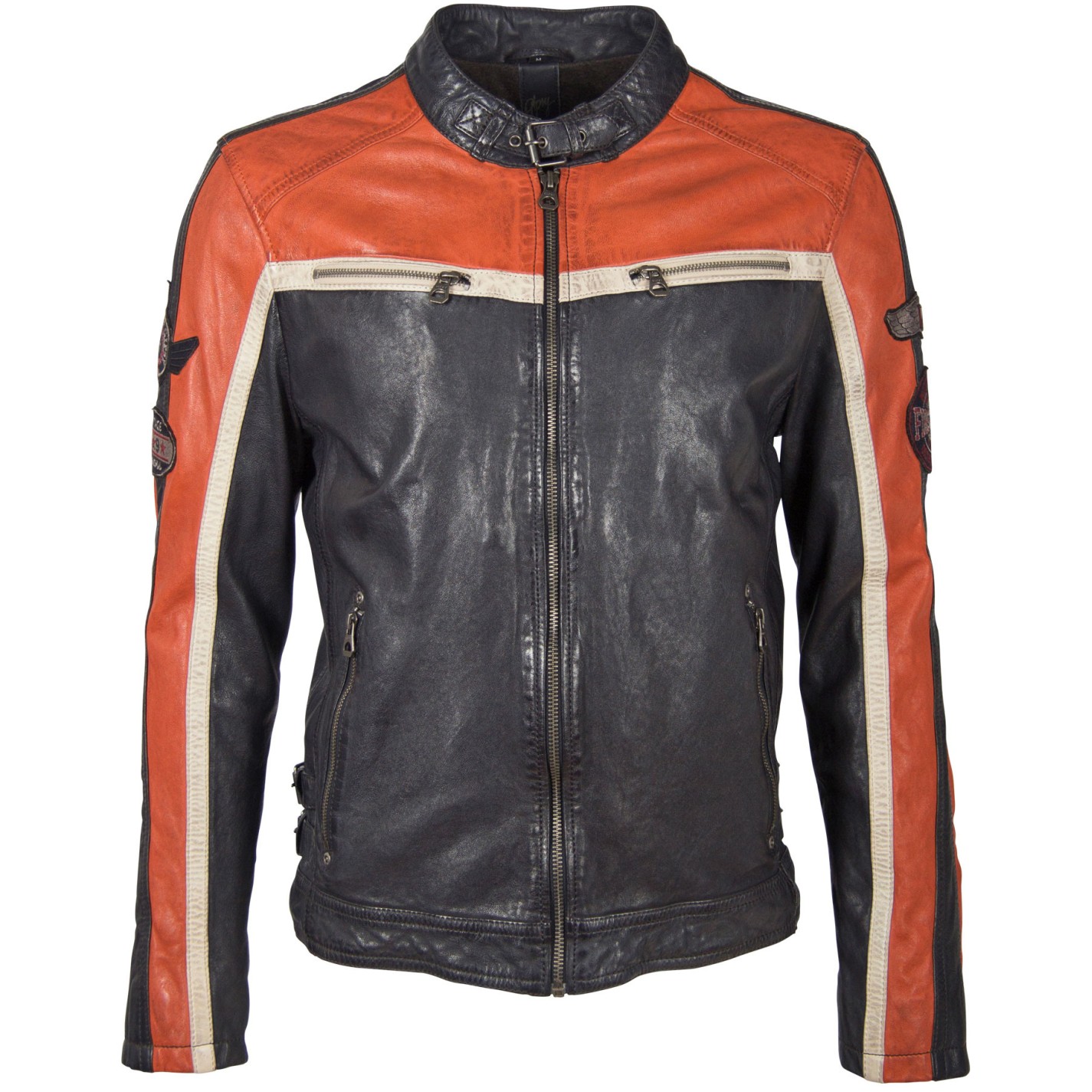 Geaca de Piele Naturala Barbati Gipsy Bleumarin/Portocaliu/Alb Murdar GBMyles LACAV – Black Friday