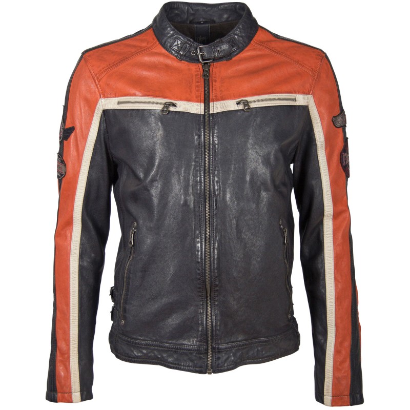 Geaca de Piele Naturala Barbati Gipsy Bleumarin/Portocaliu/Alb Murdar GBMyles LACAV – Black Friday